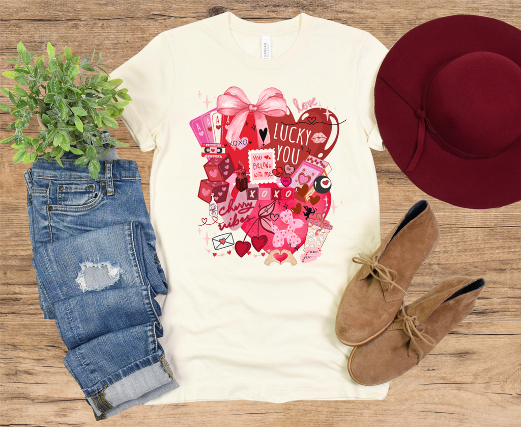 Valentine Collage Tee — "Lucky You" Heart Gift Graphic T-Shirt