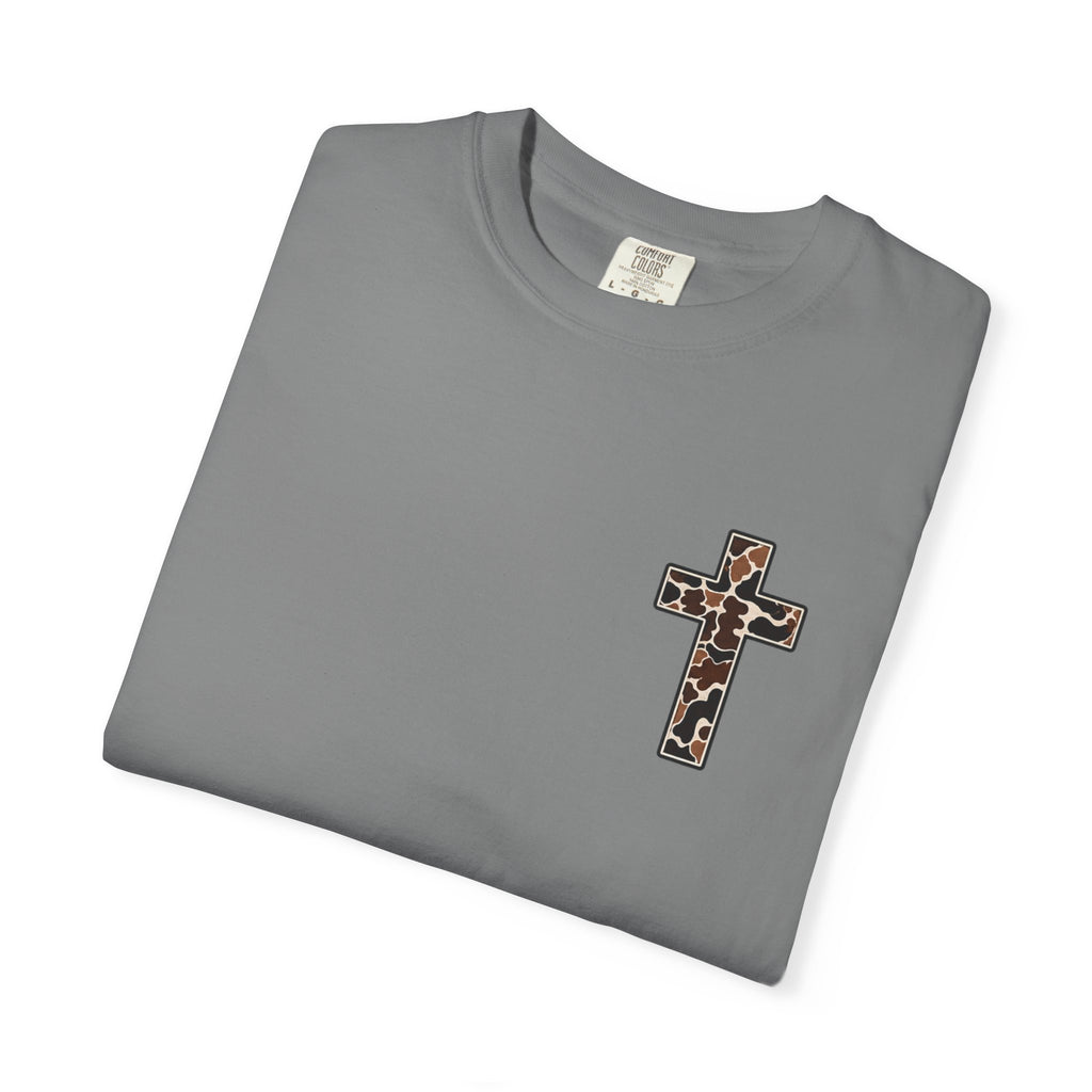 Christian Cross T‑Shirt — "I Can Do All Things Through Christ" Camouflage Design