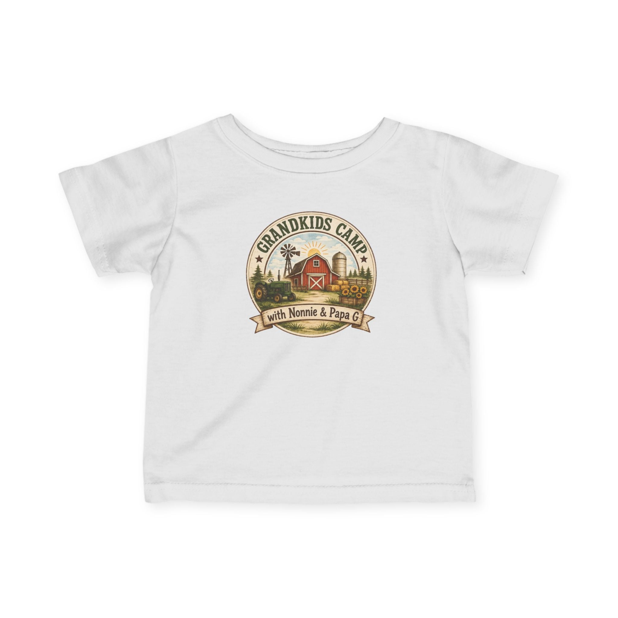 Infant Tee — “Grandkids Camp with Nonnie & Papa” Baby Shirt (Exploring, Laughing, Playing, Growing)