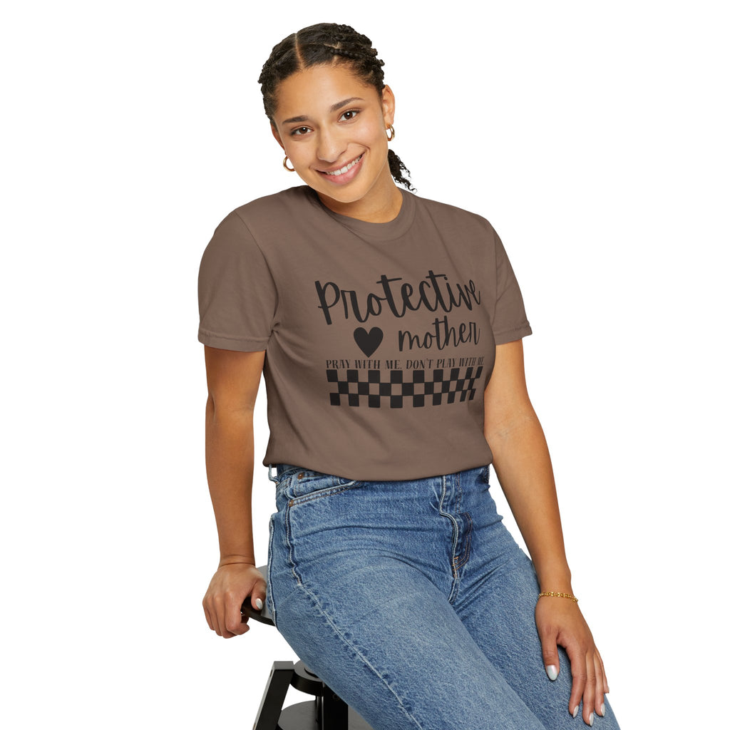 Protective Mother T-Shirt — “Protective Mother” Script Tee with Checkerboard Accent