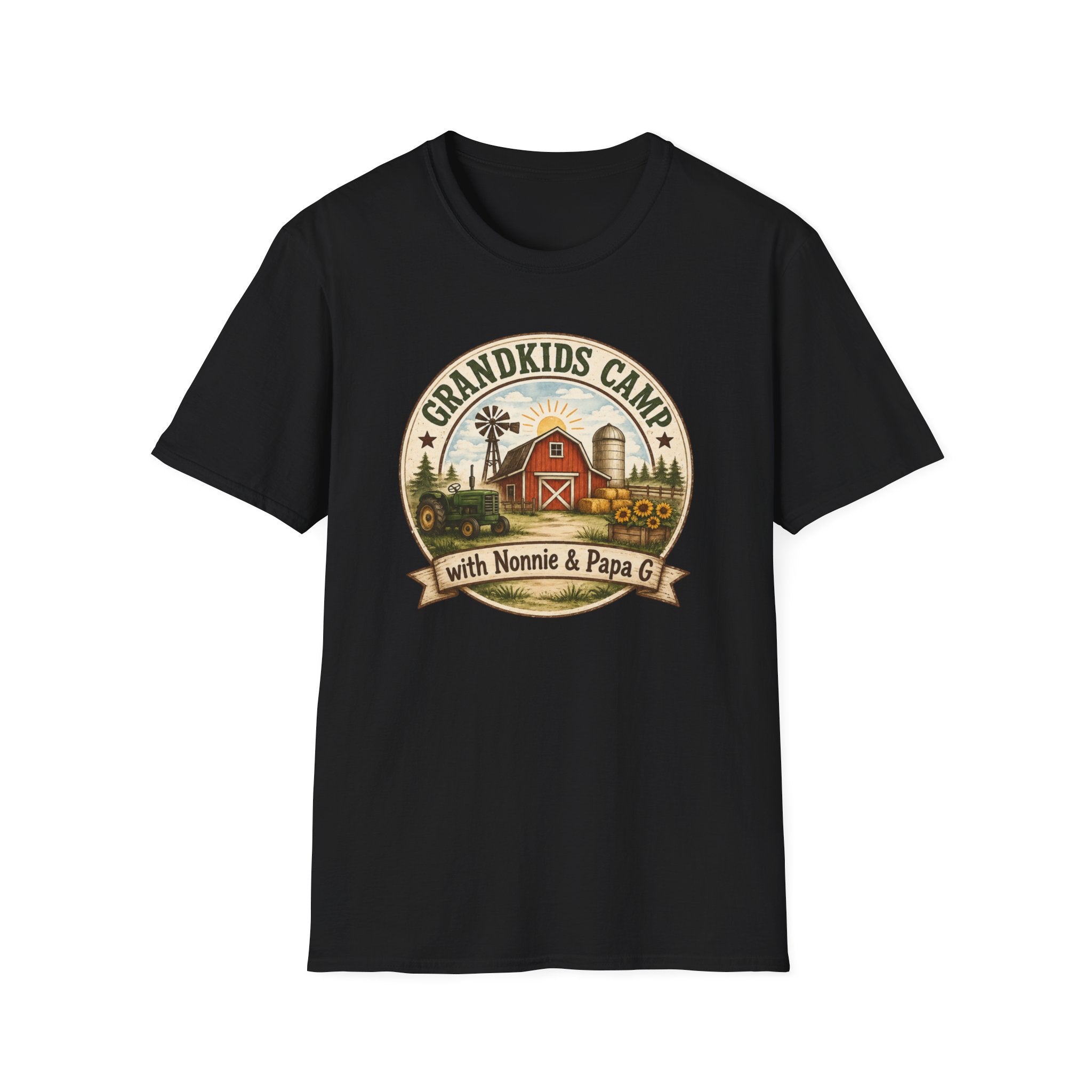 Grandkids Camp T-Shirt – Retro Barn, Tractor & 'Grandkids Camp with Nonnie & Papa' Design