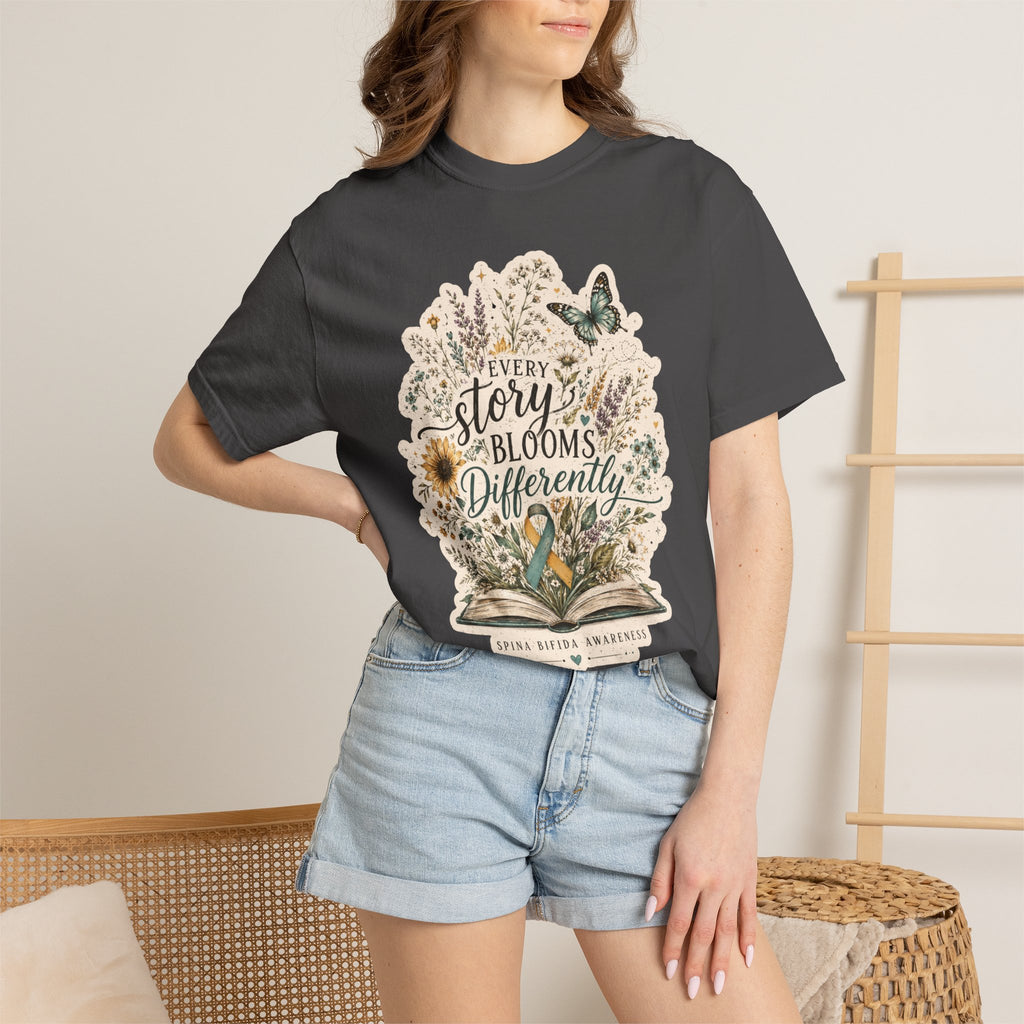 Every Story Blooms Differently T-Shirt — Spina Bifida Awareness