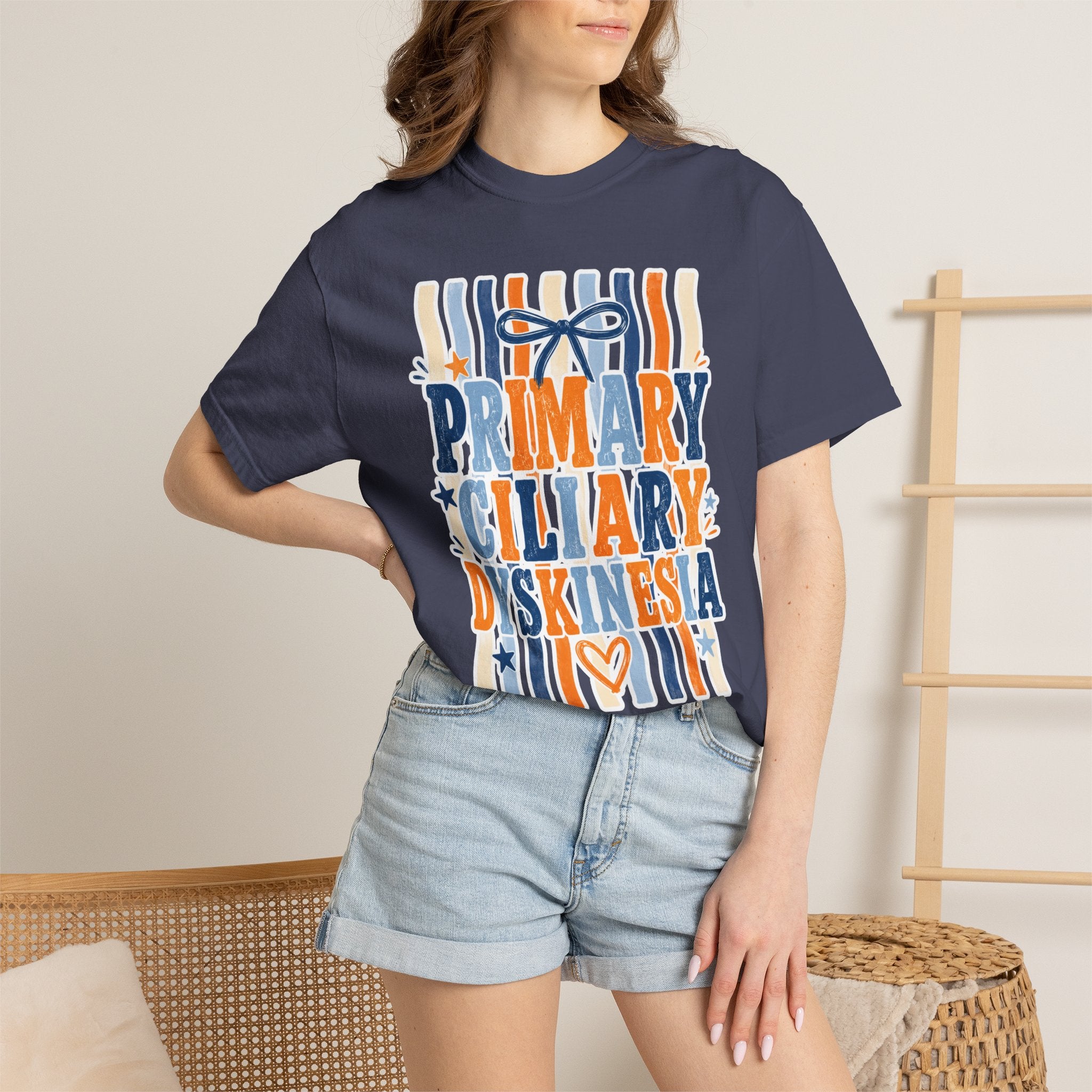 Primary Ciliary Dyskinesia Awareness T-Shirt — Orange & Blue Ribbon Design