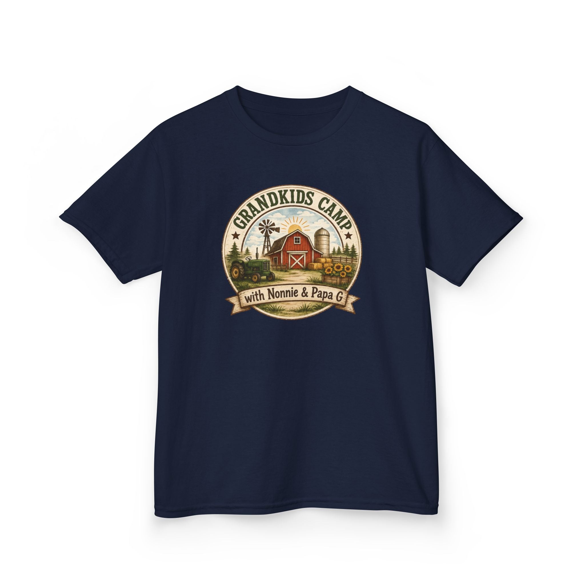 Kids Tee — "Grandkids Camp with Nannie & Papa" Rustic Farm Sign Tee