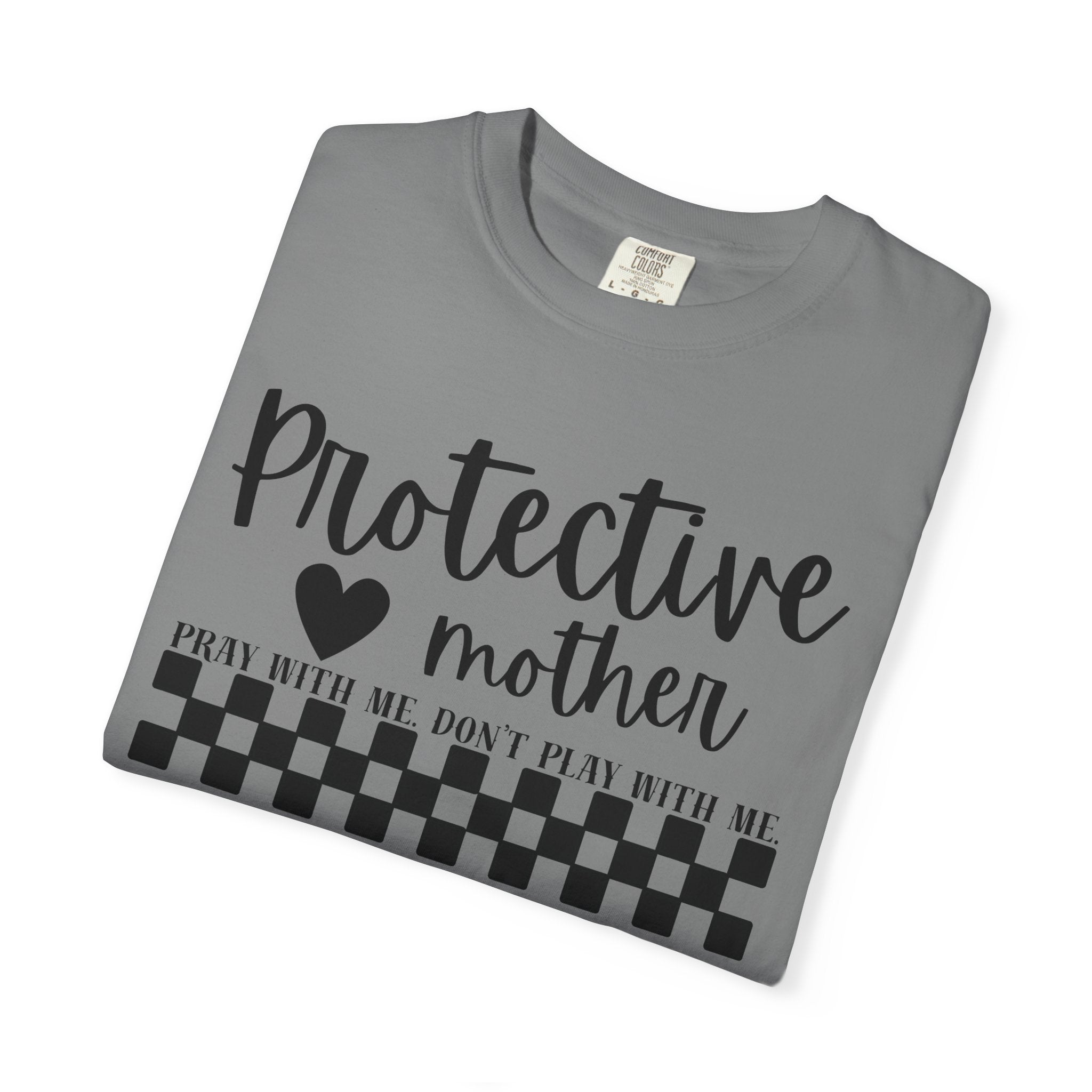 Protective Mother T-Shirt — “Protective Mother” Script Tee with Checkerboard Accent