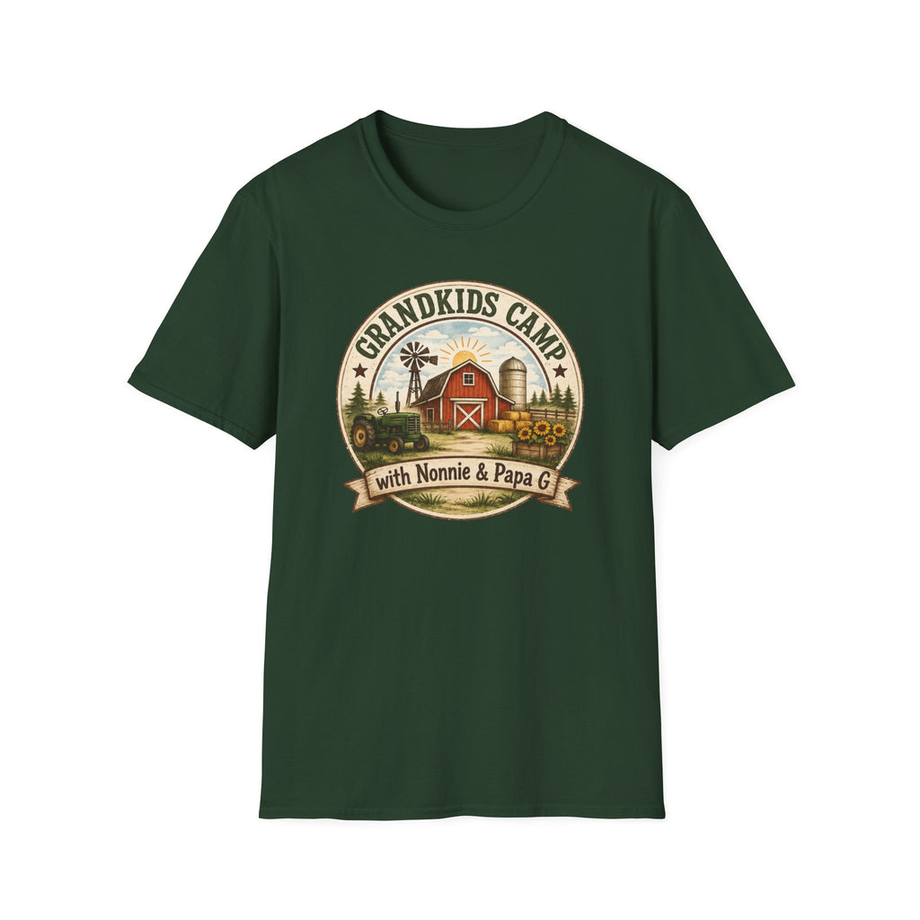 Grandkids Camp T-Shirt – Retro Barn, Tractor & 'Grandkids Camp with Nonnie & Papa' Design