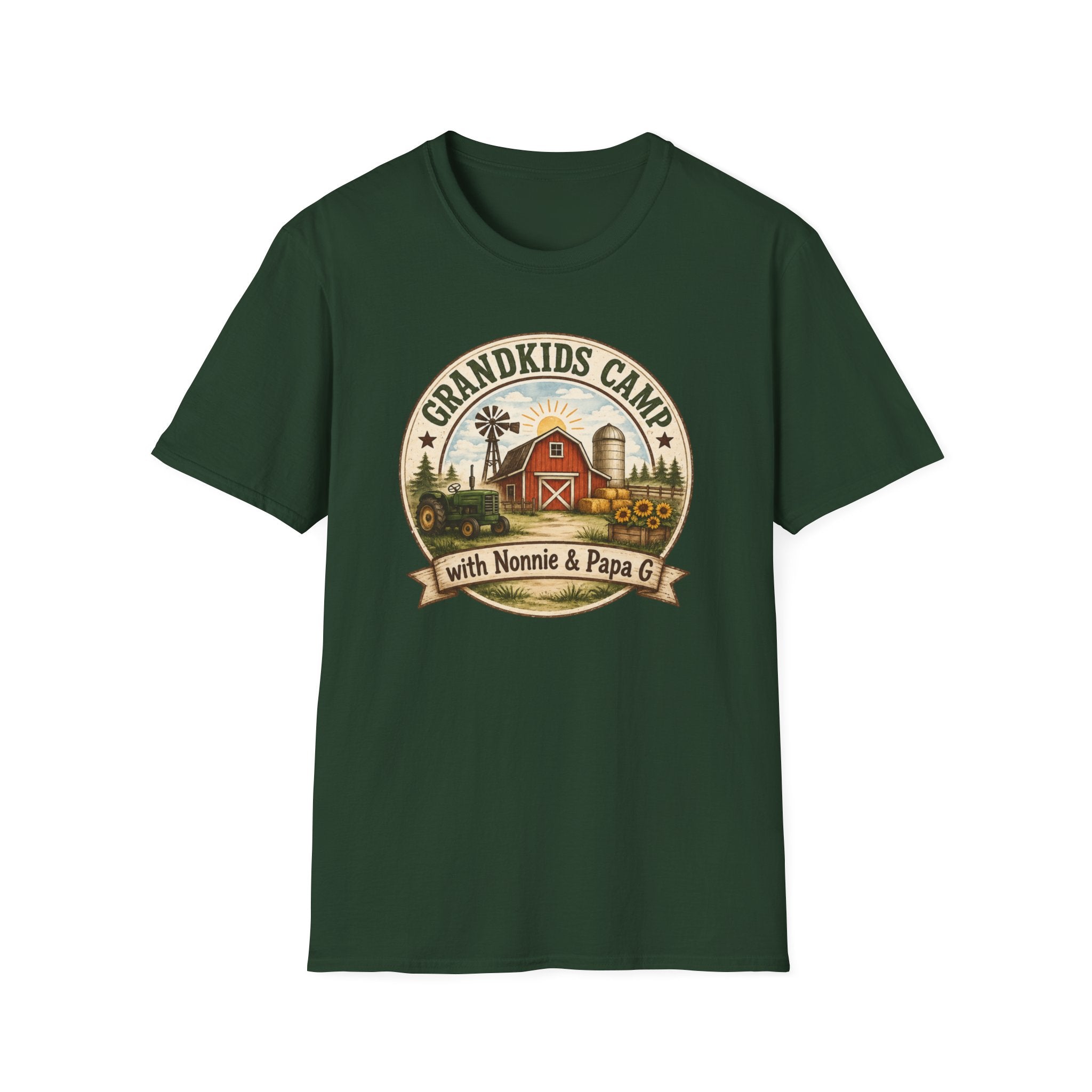 Grandkids Camp T-Shirt – Retro Barn, Tractor & 'Grandkids Camp with Nonnie & Papa' Design