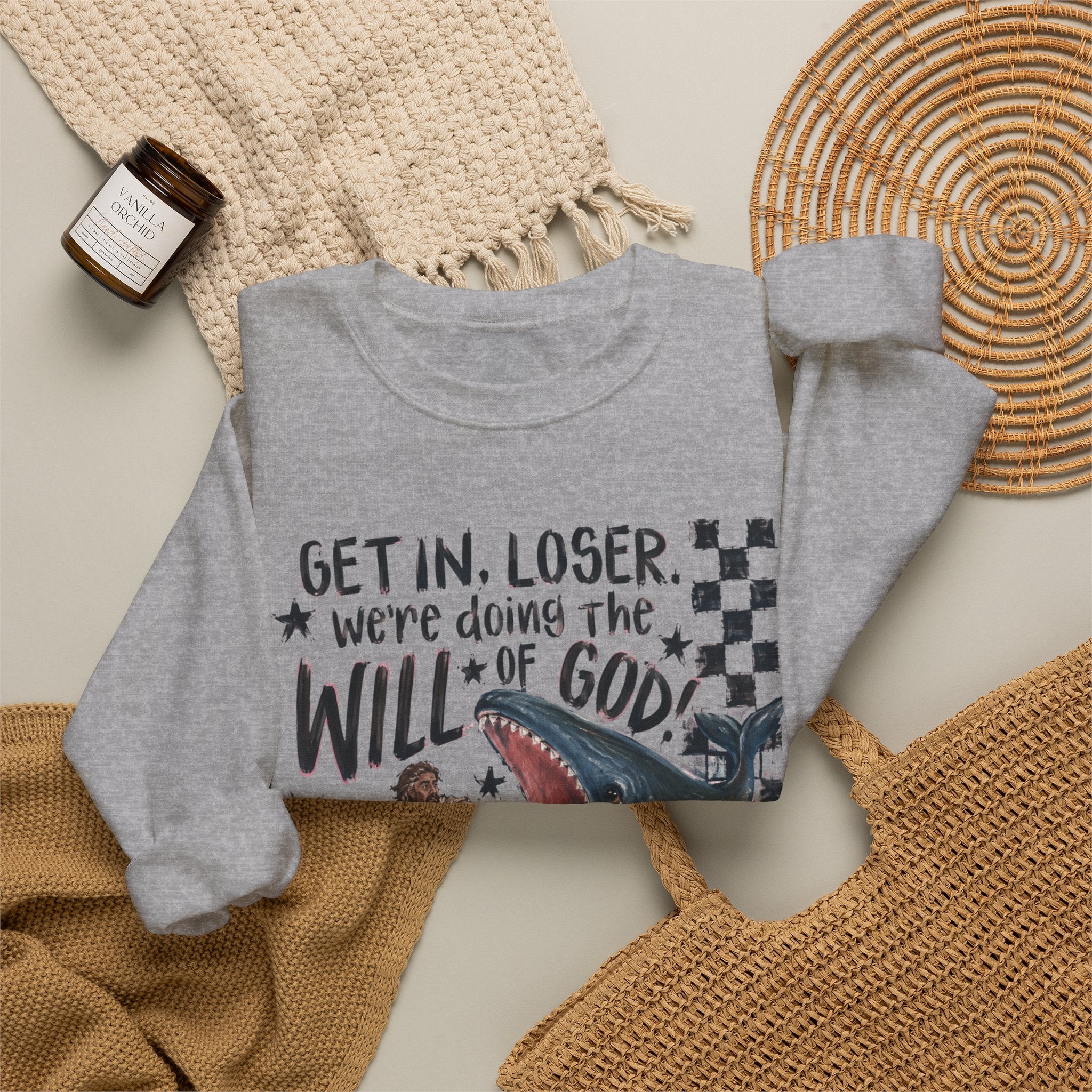 Christian Crewneck Sweatshirt — “Get in, Loser, We’re Doing the Will of God” Graphic