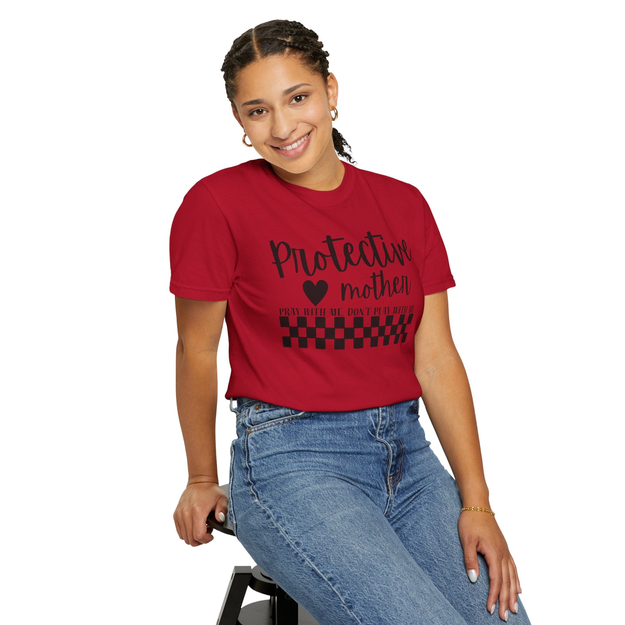 Protective Mother T-Shirt — “Protective Mother” Script Tee with Checkerboard Accent