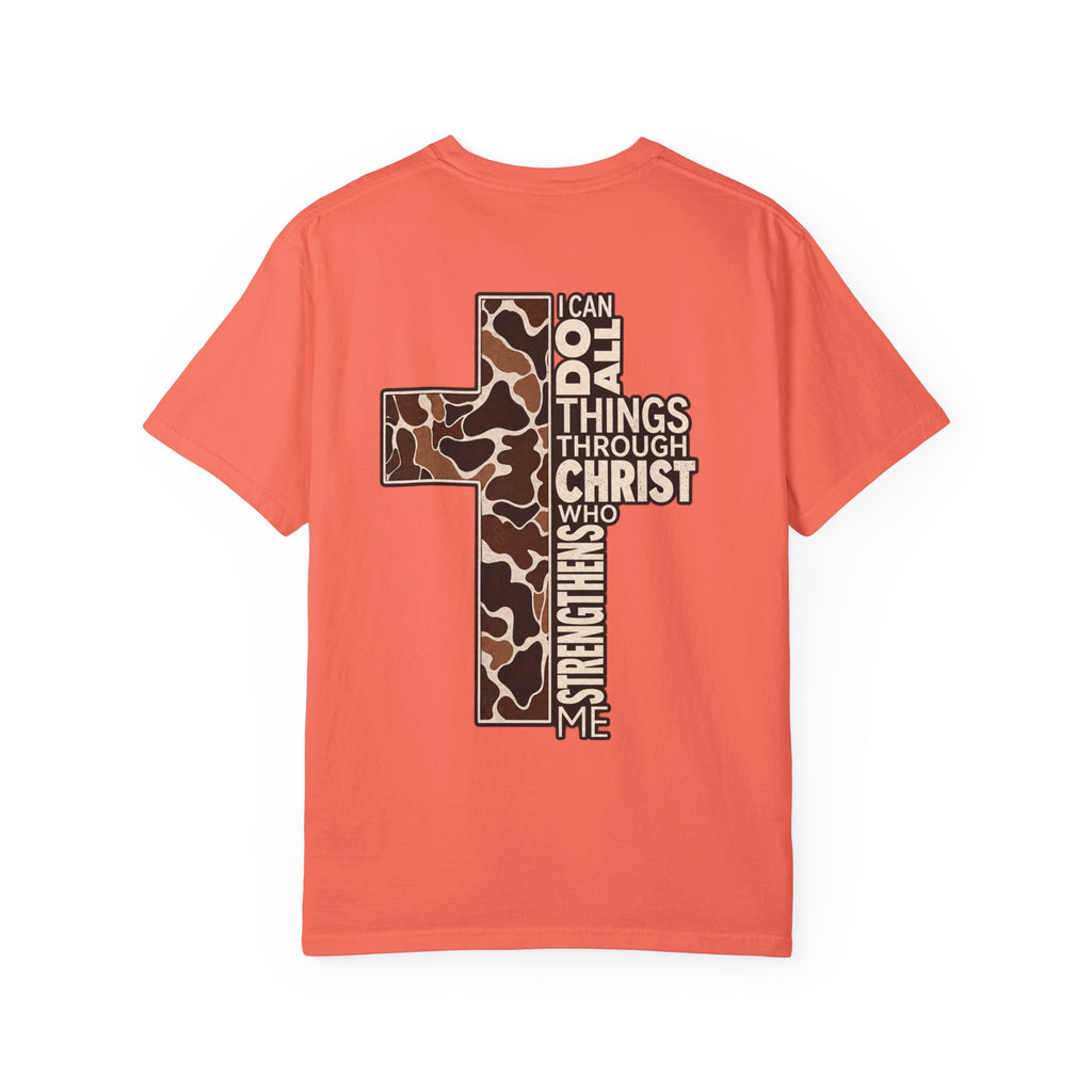 Christian Cross T‑Shirt — "I Can Do All Things Through Christ" Camouflage Design