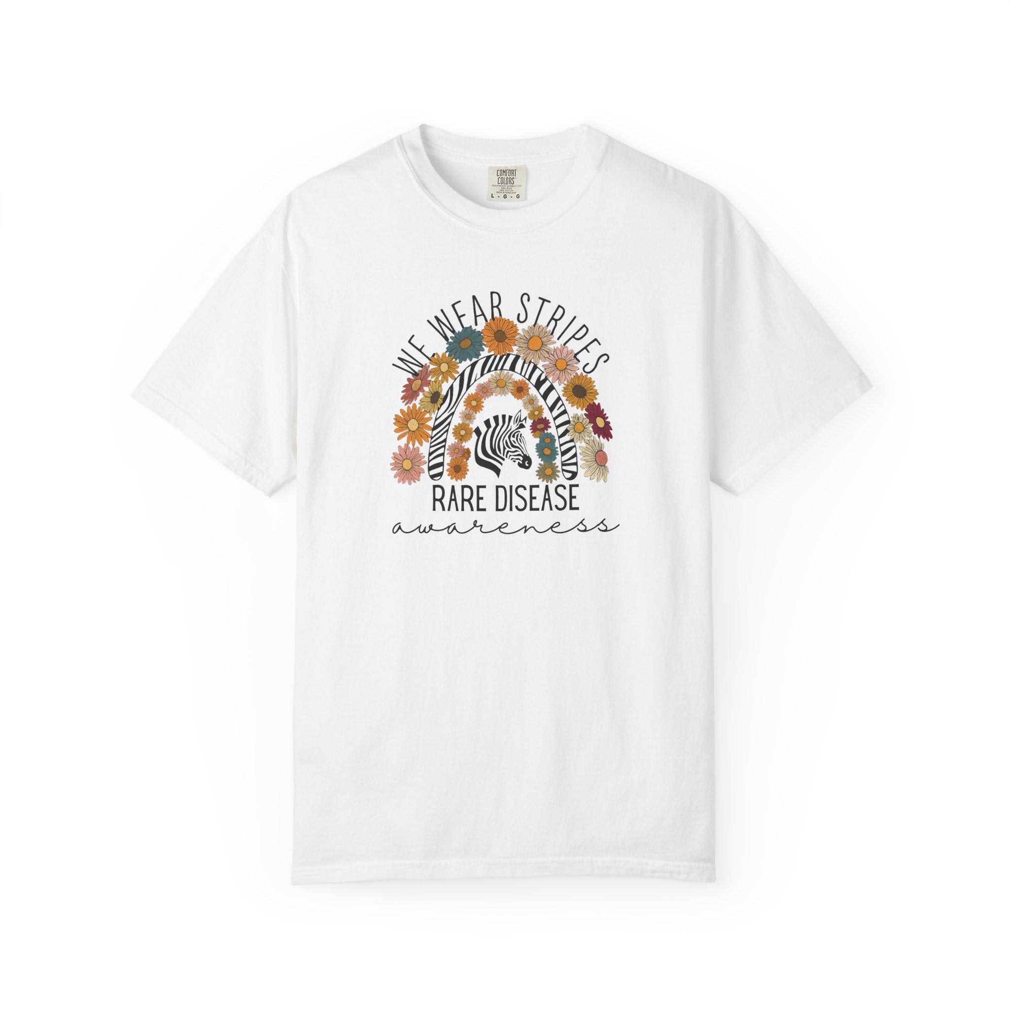 Rare Disease Awareness T-Shirt –Zebra & Sunflower Rainbow