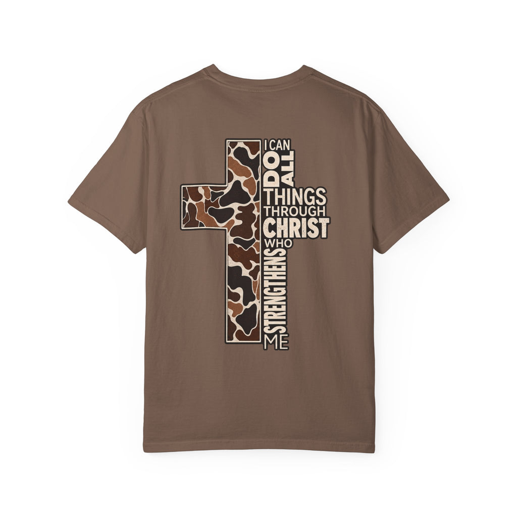 Christian Cross T‑Shirt — "I Can Do All Things Through Christ" Camouflage Design