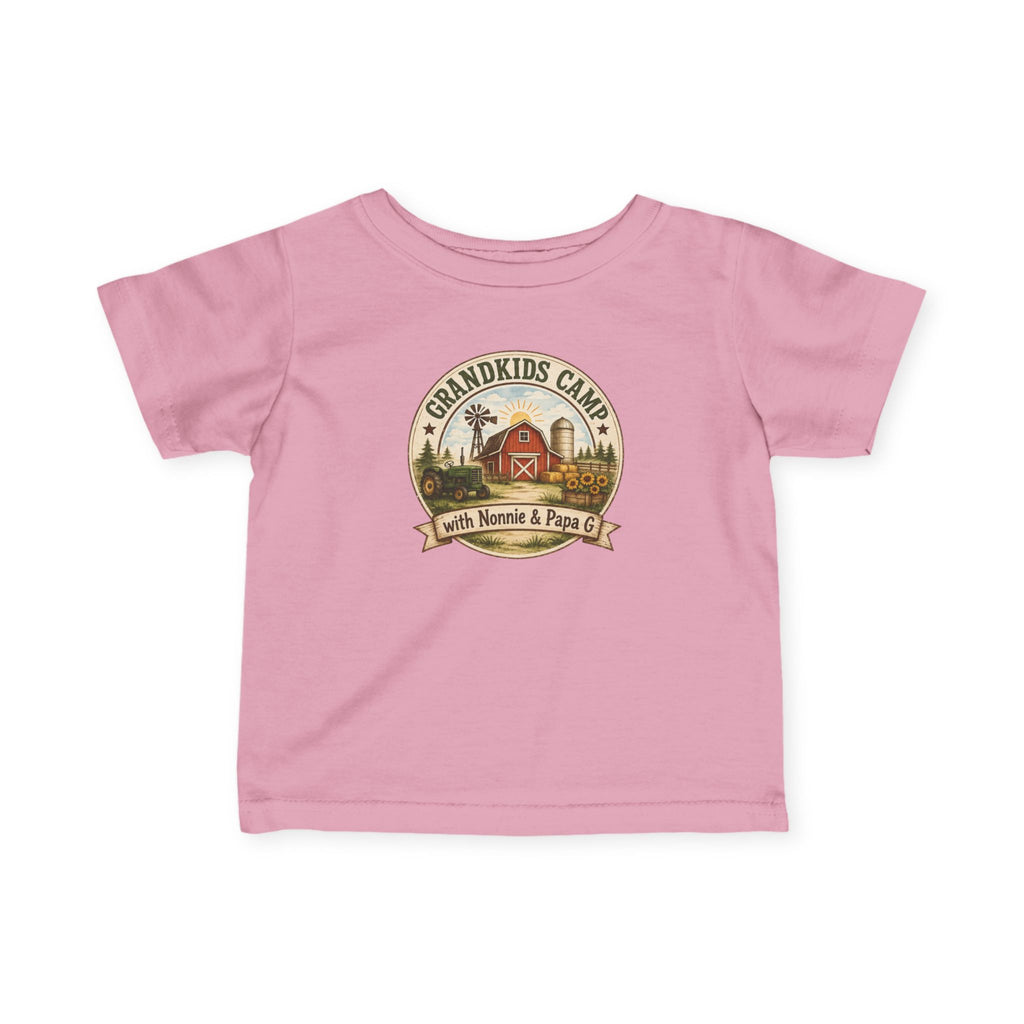 Infant Tee — “Grandkids Camp with Nonnie & Papa” Baby Shirt (Exploring, Laughing, Playing, Growing)
