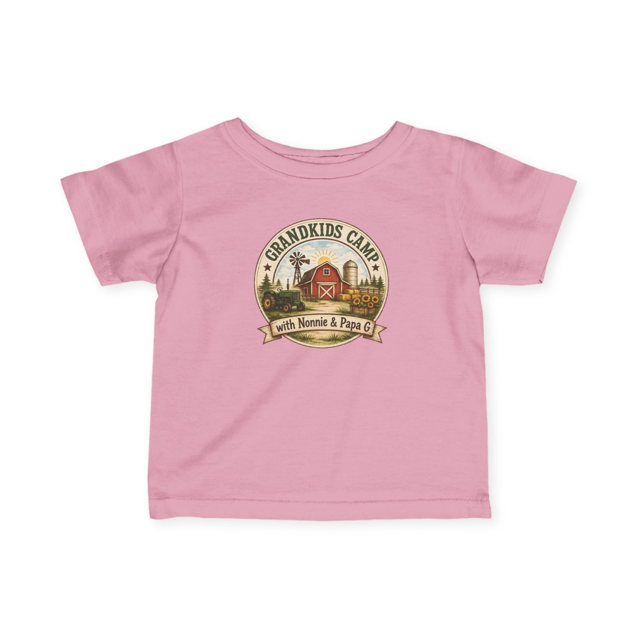 Infant Tee — “Grandkids Camp with Nonnie & Papa” Baby Shirt (Exploring, Laughing, Playing, Growing)
