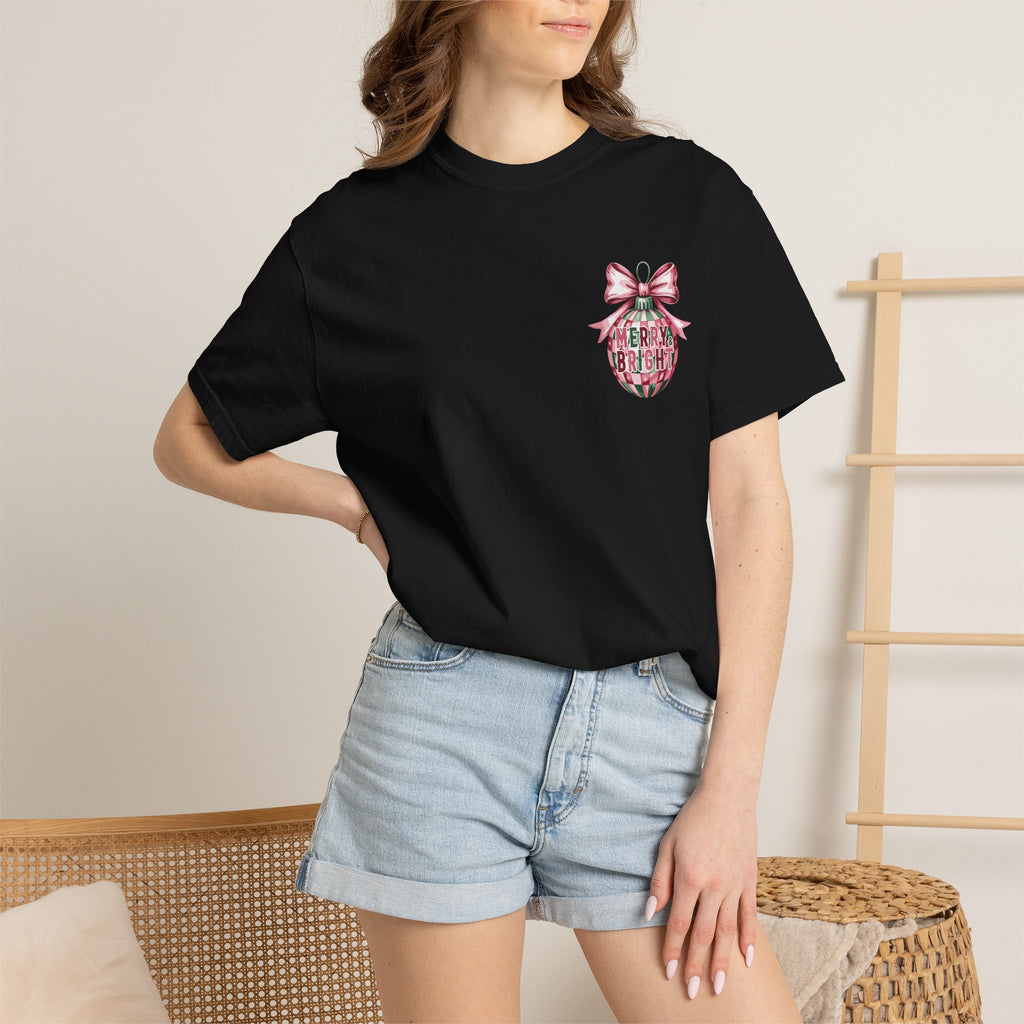 Holiday Patchwork Tee - "Merry & Bright" Graphic T-Shirt