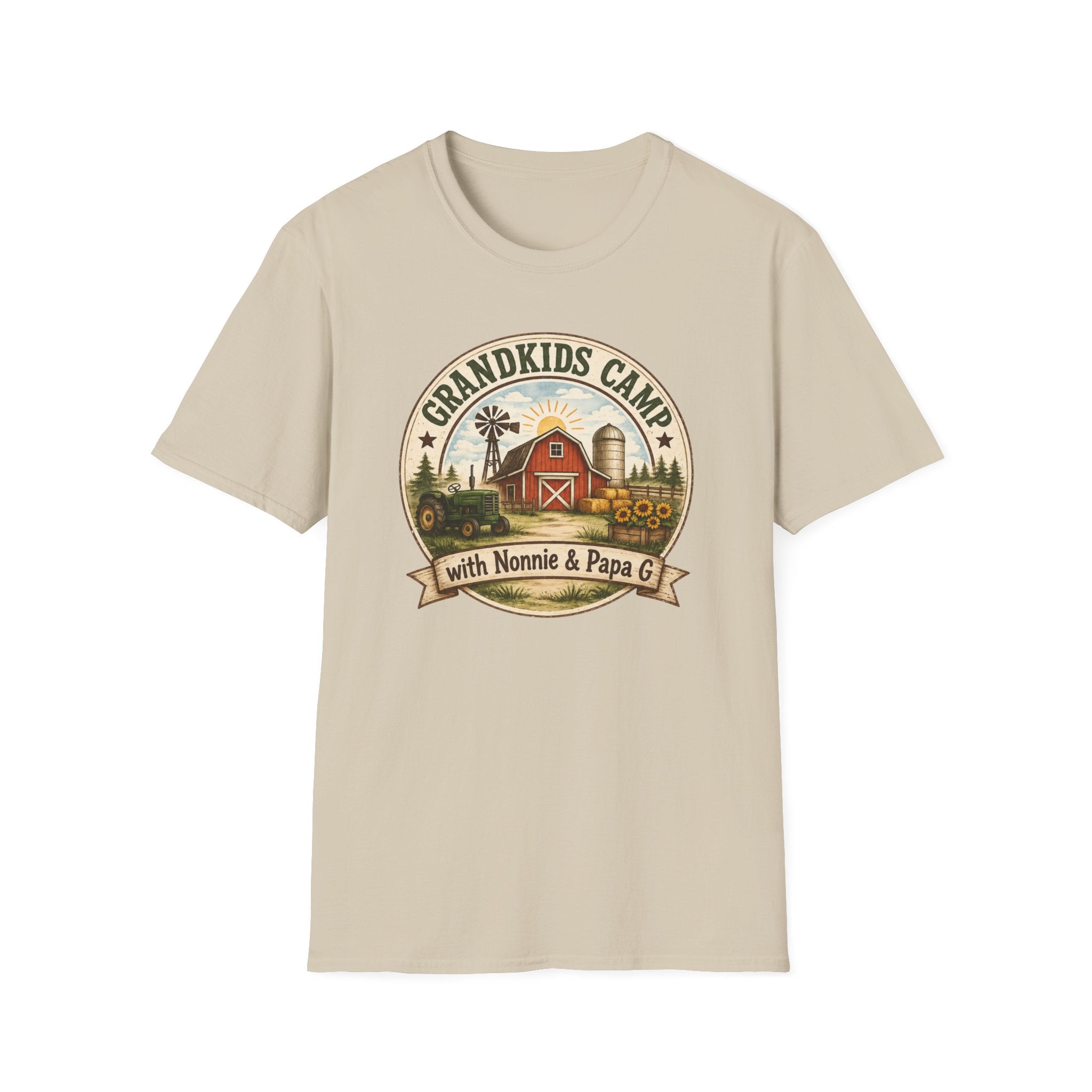 Grandkids Camp T-Shirt – Retro Barn, Tractor & 'Grandkids Camp with Nonnie & Papa' Design