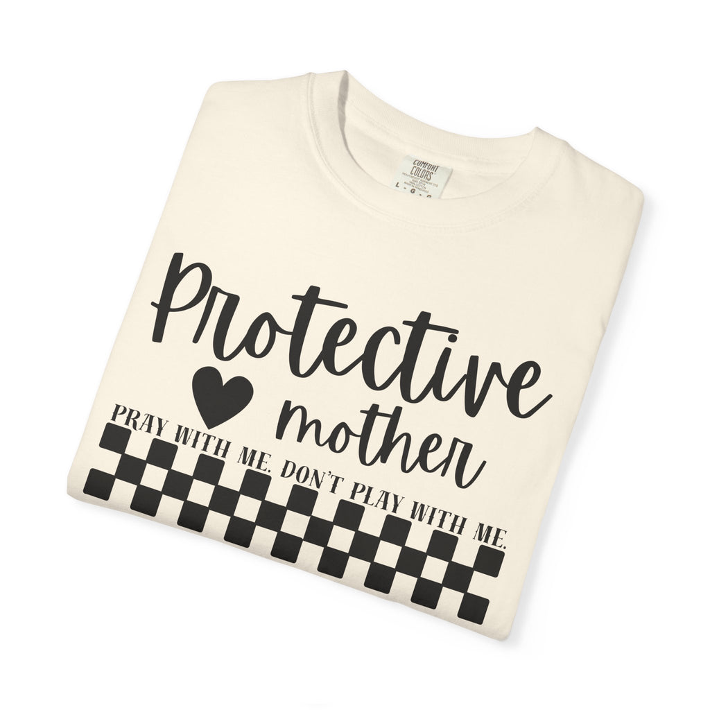 Protective Mother T-Shirt — “Protective Mother” Script Tee with Checkerboard Accent