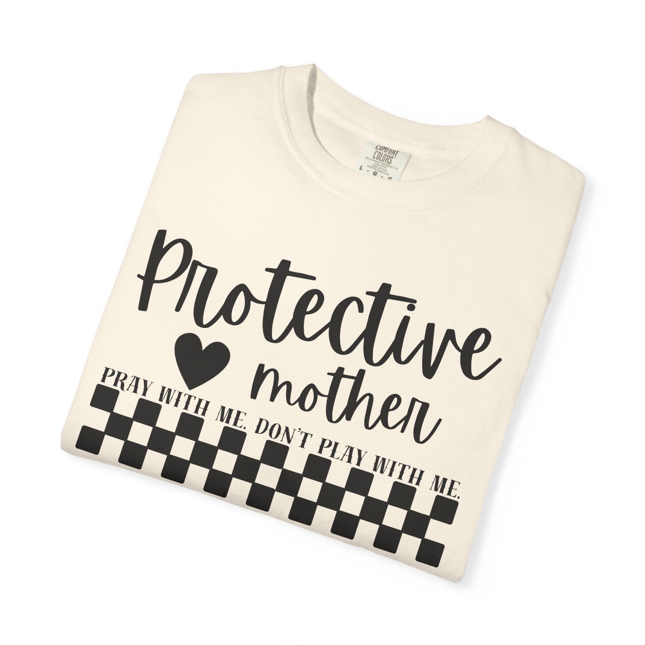 Protective Mother T-Shirt — “Protective Mother” Script Tee with Checkerboard Accent