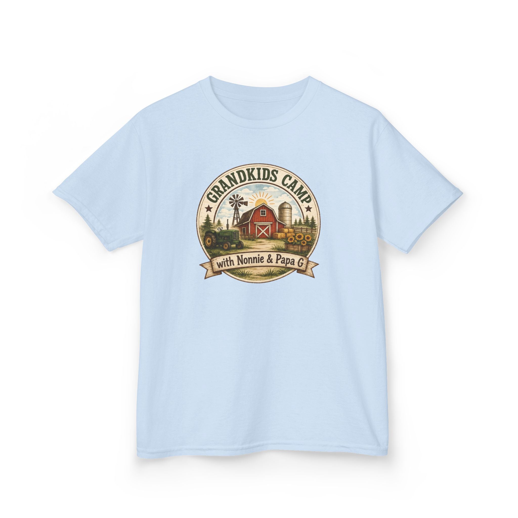 Kids Tee — "Grandkids Camp with Nannie & Papa" Rustic Farm Sign Tee