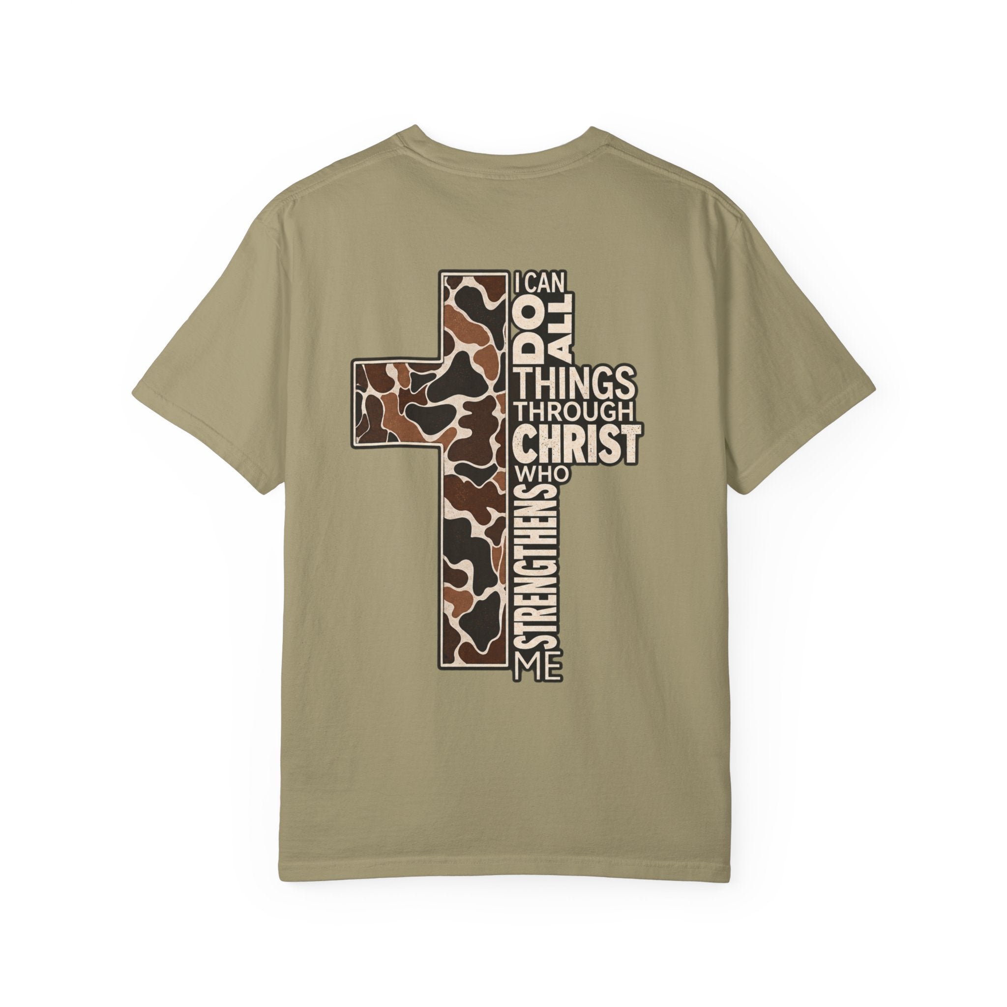 Christian Cross T‑Shirt — "I Can Do All Things Through Christ" Camouflage Design