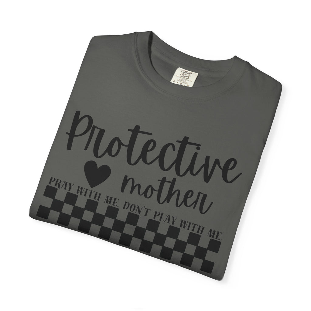 Protective Mother T-Shirt — “Protective Mother” Script Tee with Checkerboard Accent