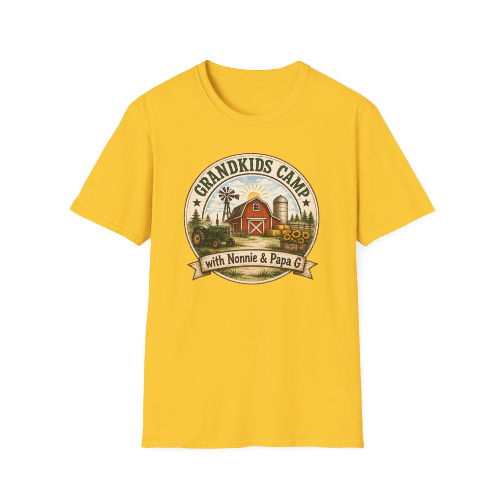 Grandkids Camp T-Shirt – Retro Barn, Tractor & 'Grandkids Camp with Nonnie & Papa' Design