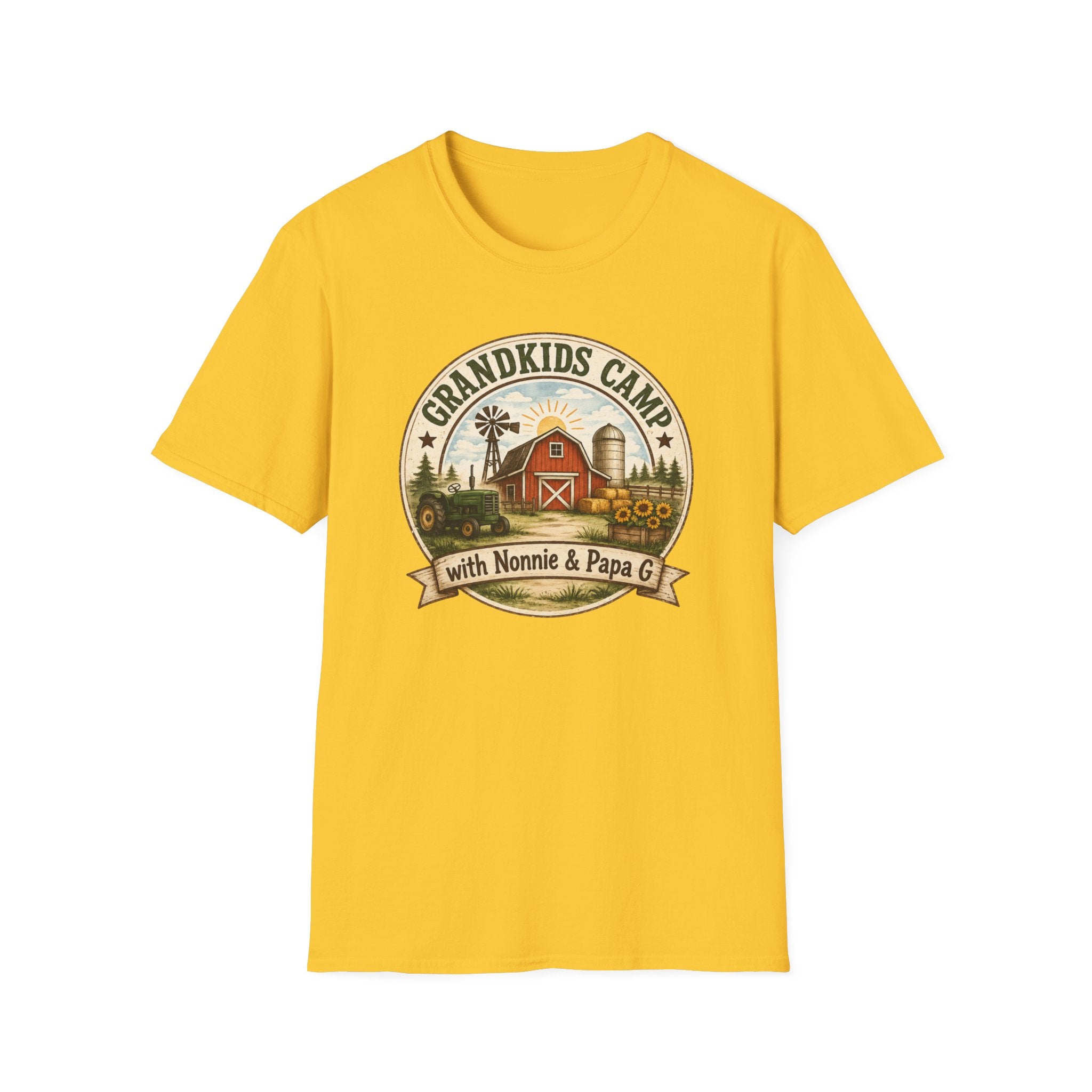 Grandkids Camp T-Shirt – Retro Barn, Tractor & 'Grandkids Camp with Nonnie & Papa' Design