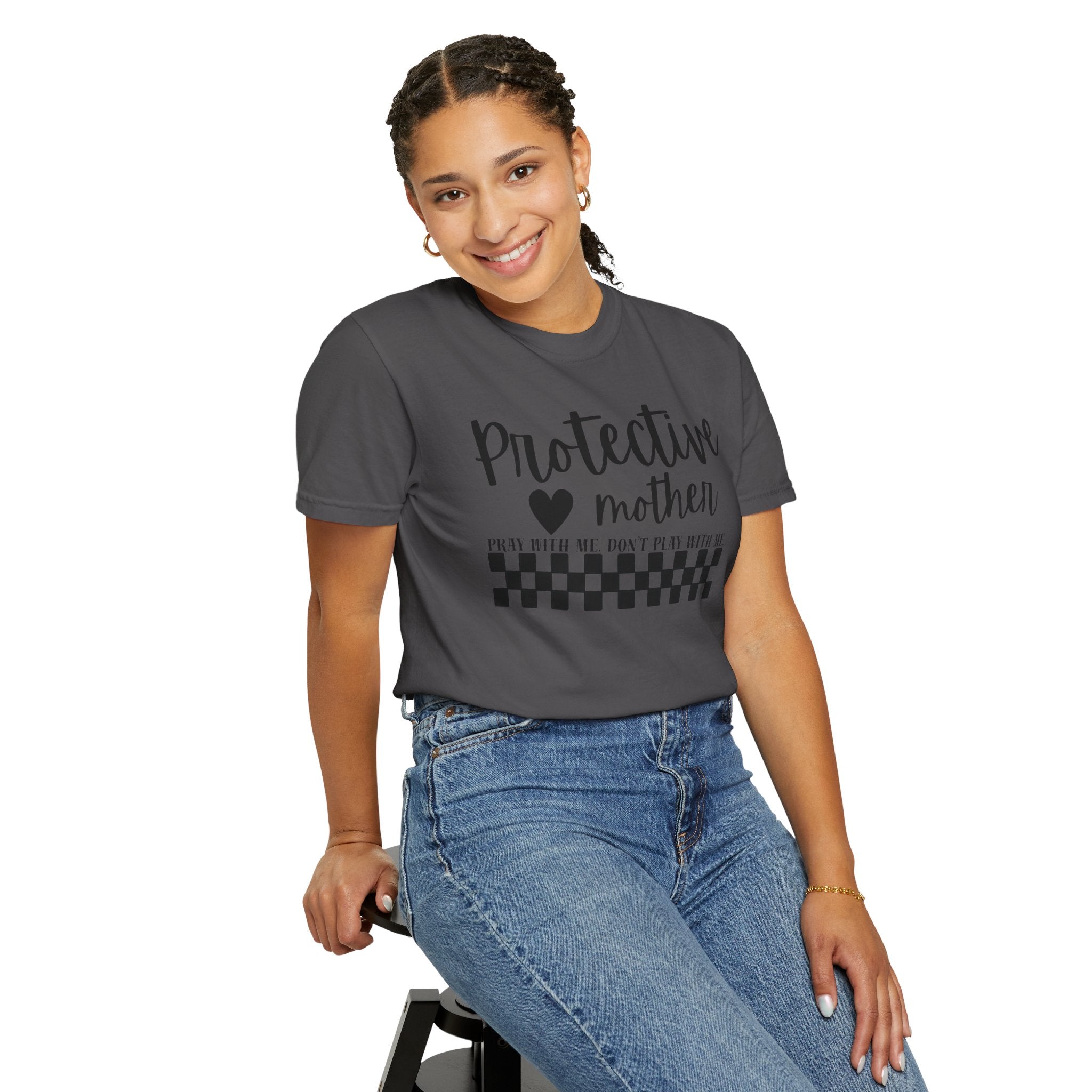 Protective Mother T-Shirt — “Protective Mother” Script Tee with Checkerboard Accent