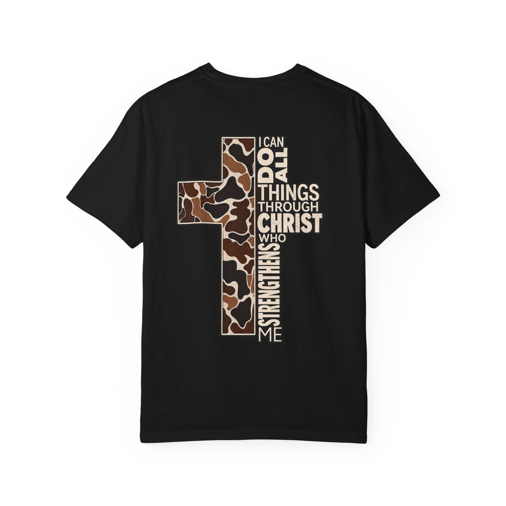Christian Cross T‑Shirt — "I Can Do All Things Through Christ" Camouflage Design