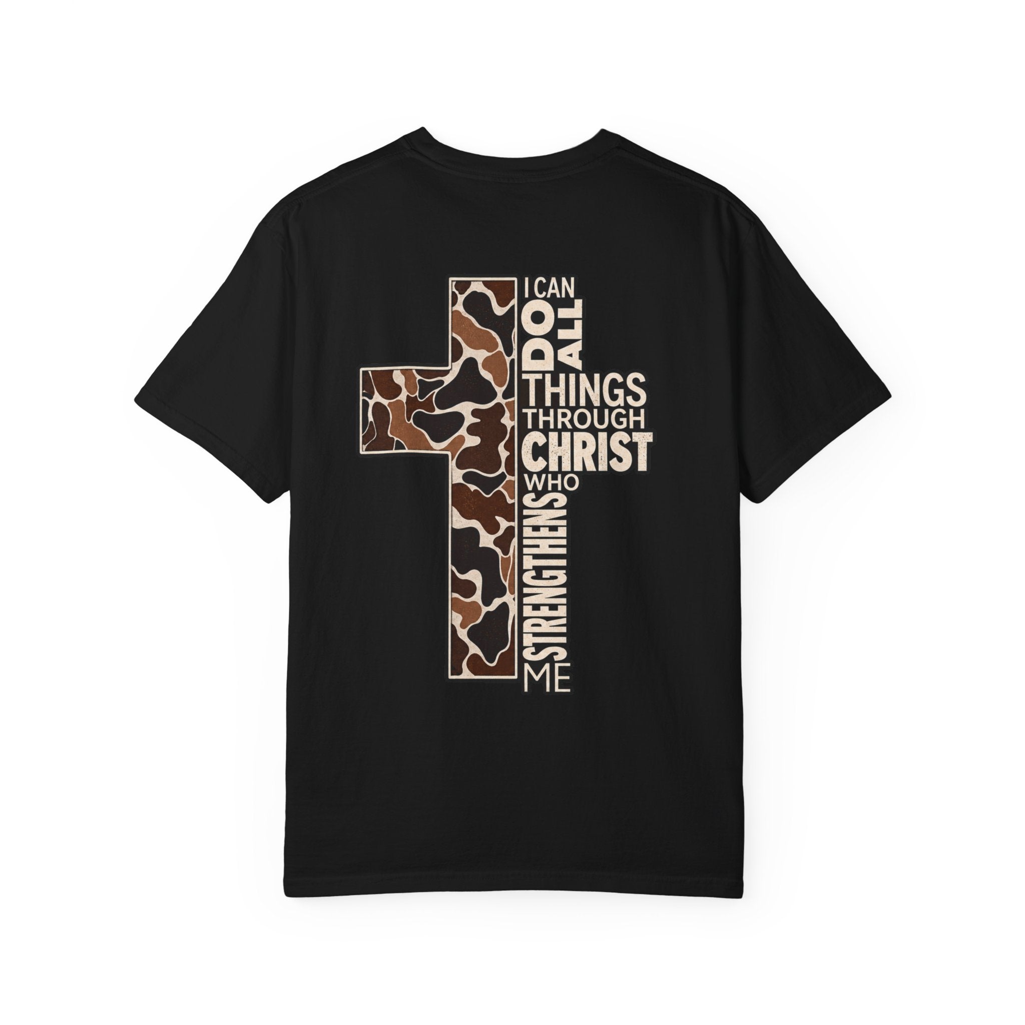 Christian Cross T‑Shirt — "I Can Do All Things Through Christ" Camouflage Design
