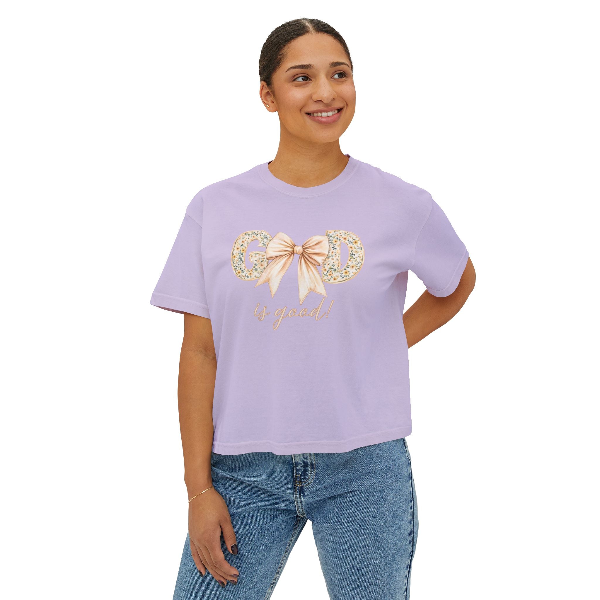 God is Good Bow Boxy Tee — Women's Floral Ribbon Graphic Tee