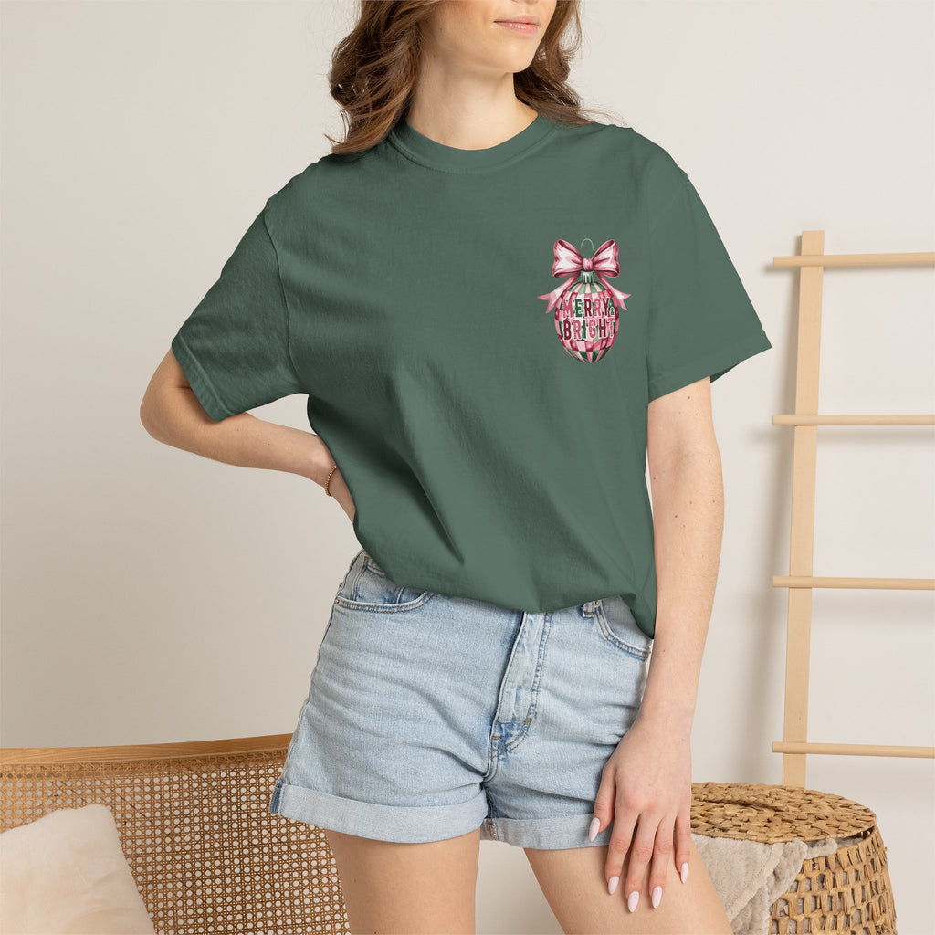 Holiday Patchwork Tee - "Merry & Bright" Graphic T-Shirt