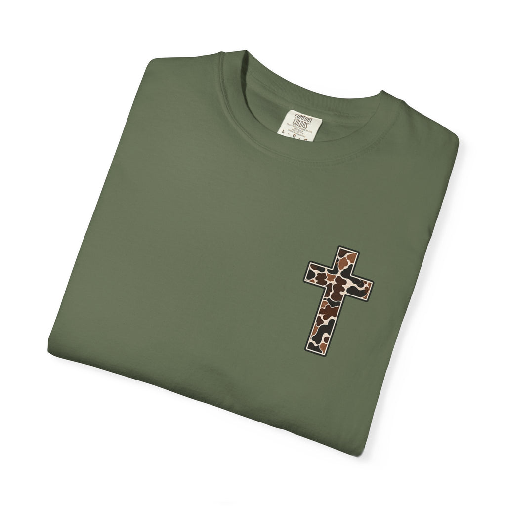 Christian Cross T‑Shirt — "I Can Do All Things Through Christ" Camouflage Design