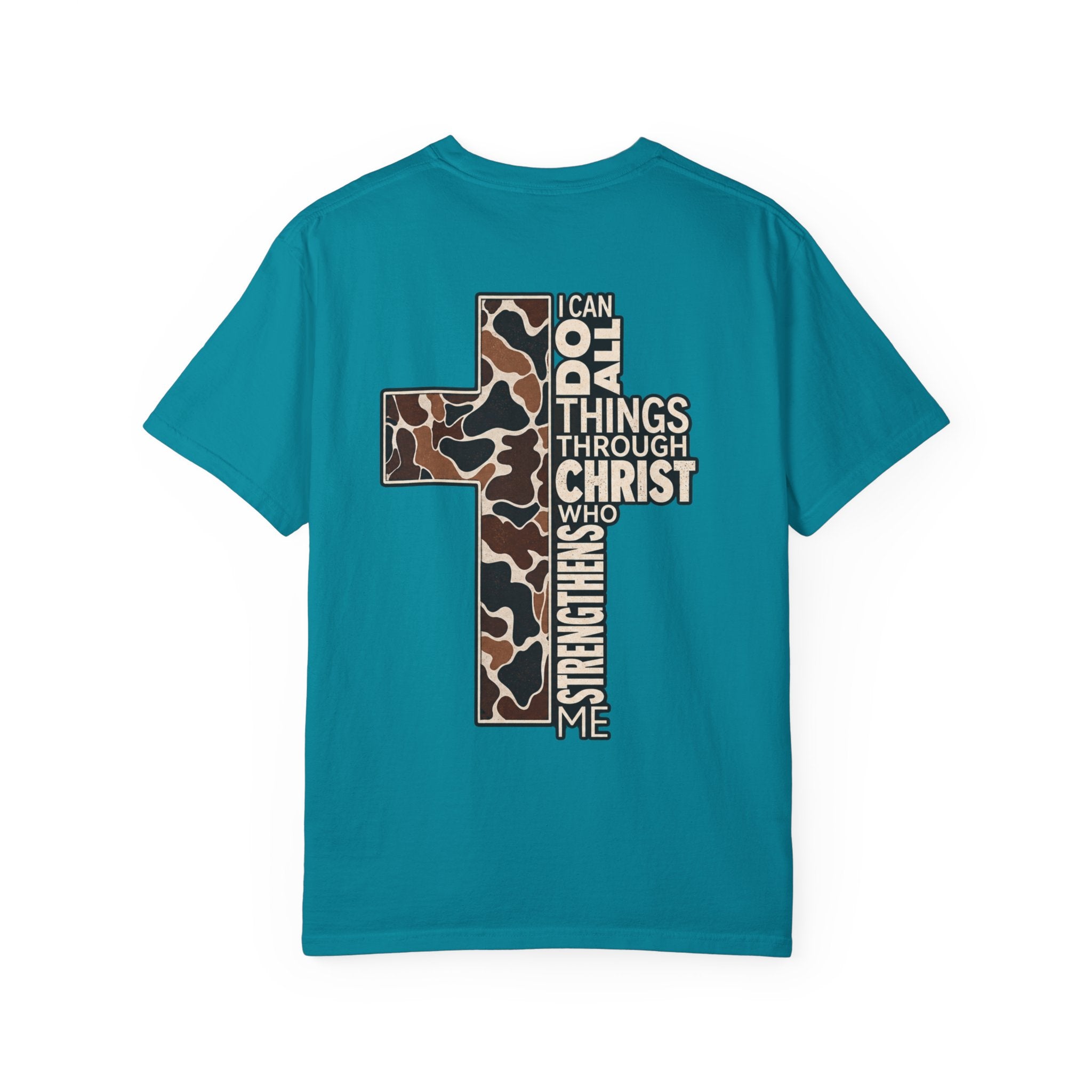 Christian Cross T‑Shirt — "I Can Do All Things Through Christ" Camouflage Design