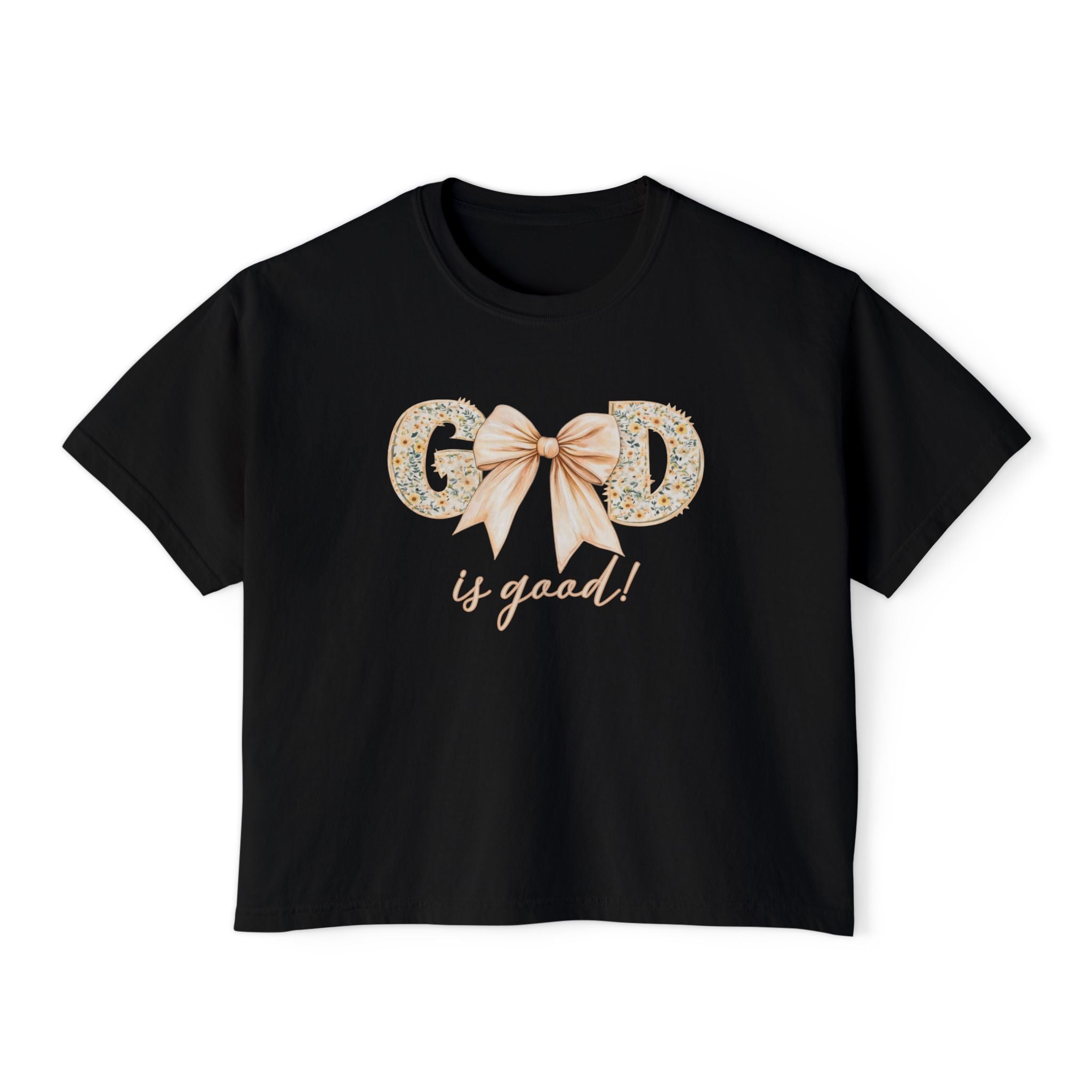 God is Good Bow Boxy Tee — Women's Floral Ribbon Graphic Tee