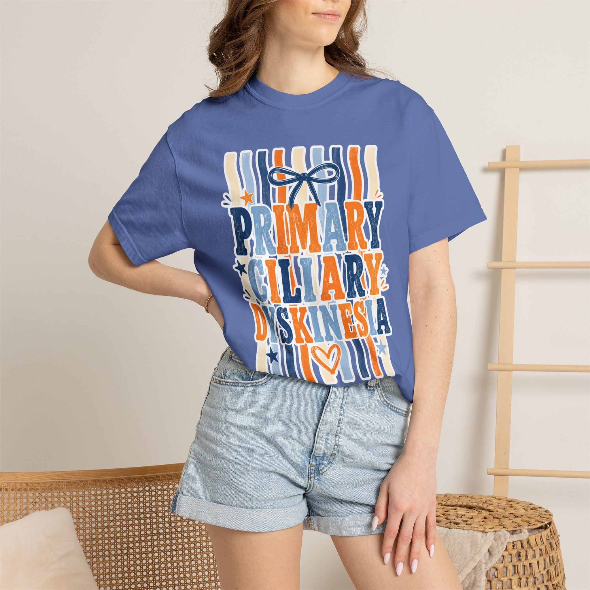 Primary Ciliary Dyskinesia Awareness T-Shirt — Orange & Blue Ribbon Design