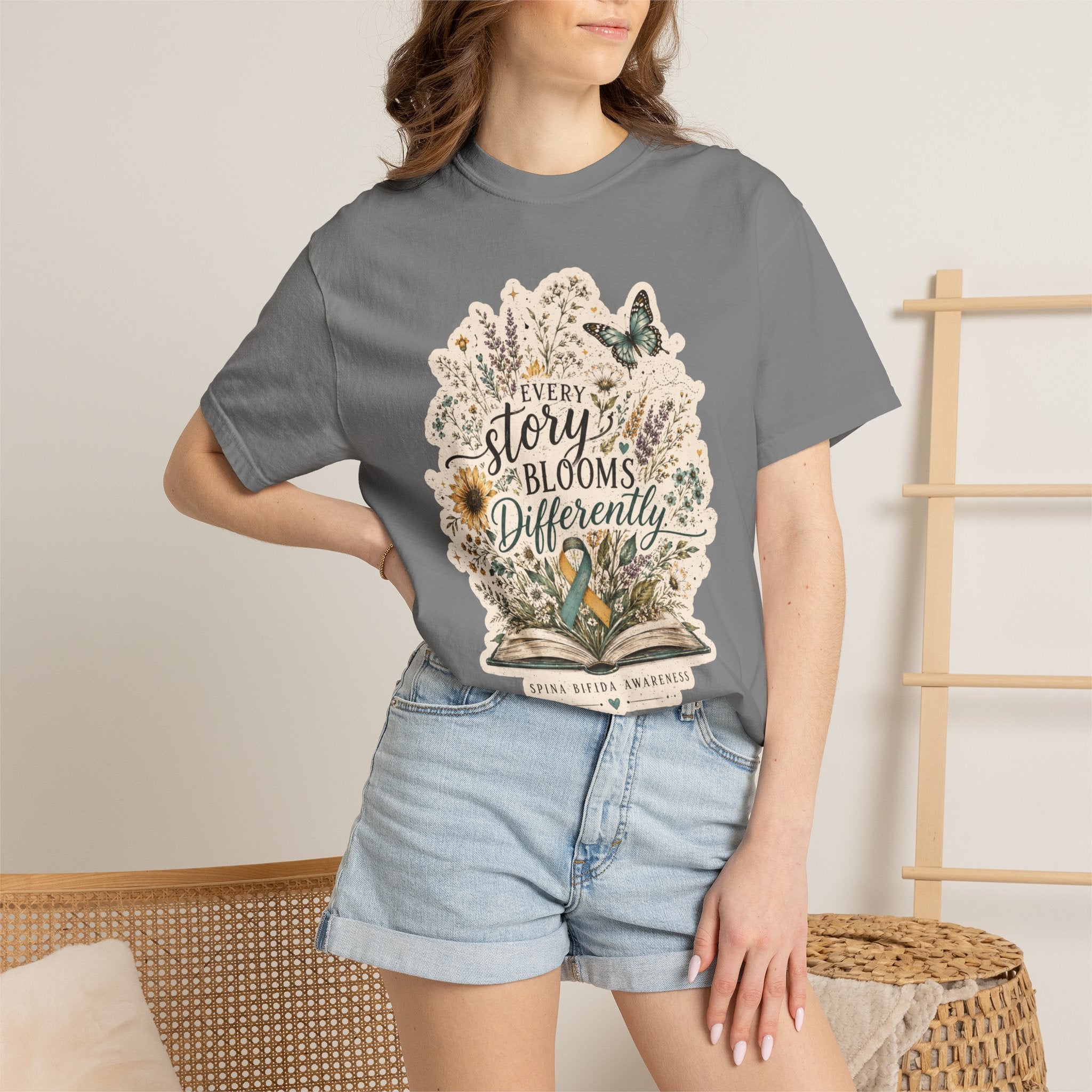 Every Story Blooms Differently T-Shirt — Spina Bifida Awareness