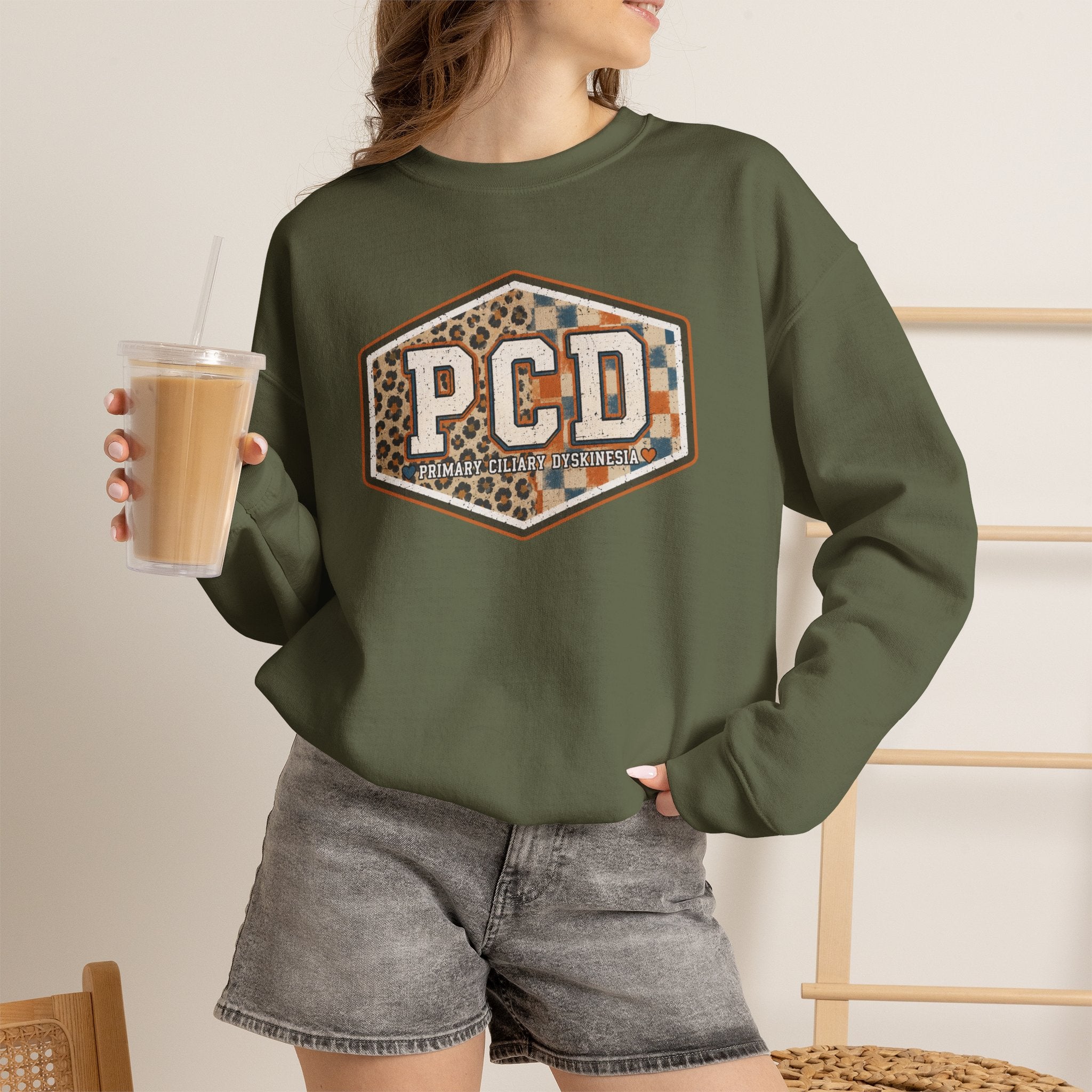 PCD Patch Crewneck Sweatshirt — Plaid & Leopard Logo Pullover