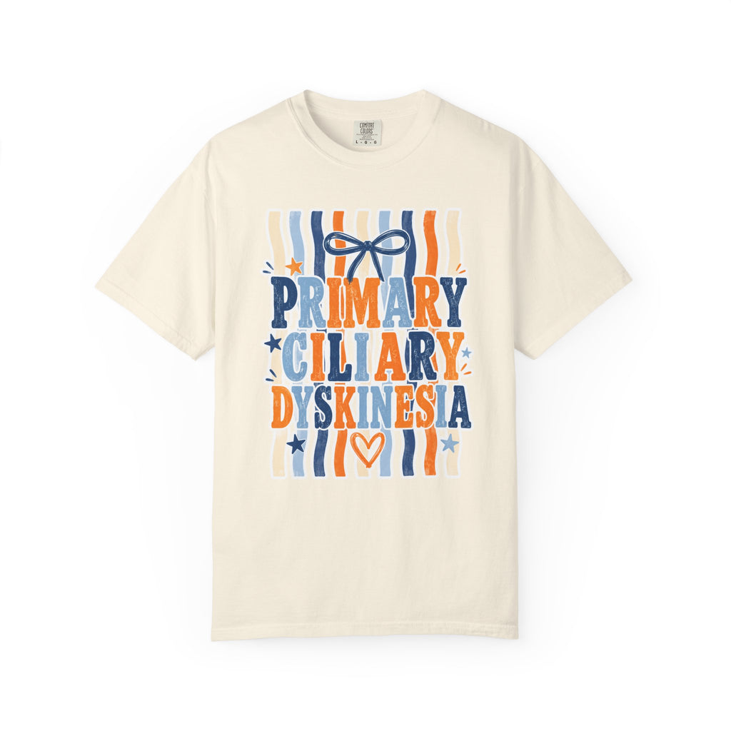 Primary Ciliary Dyskinesia Awareness T-Shirt — Orange & Blue Ribbon Design
