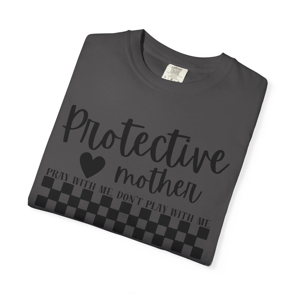 Protective Mother T-Shirt — “Protective Mother” Script Tee with Checkerboard Accent