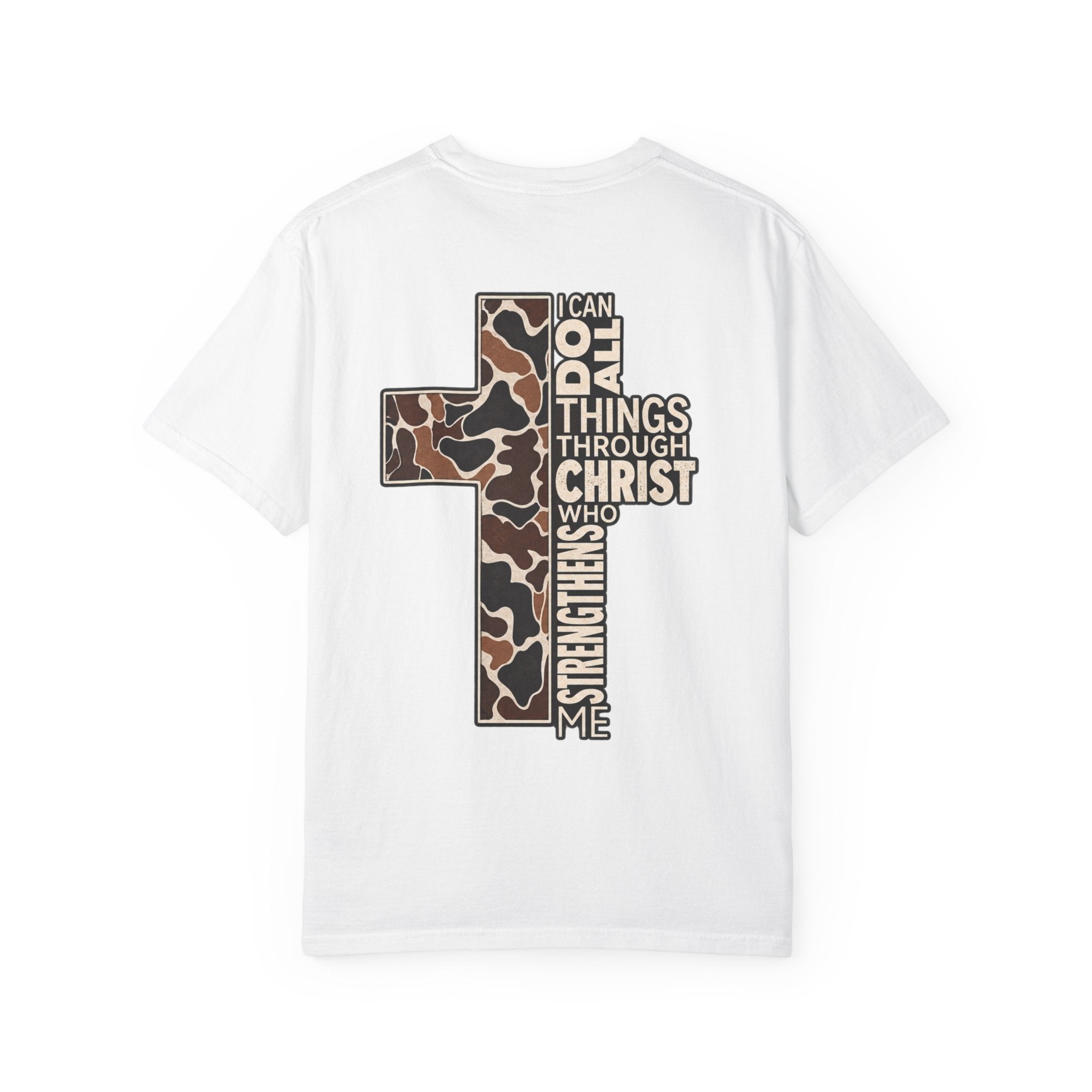 Christian Cross T‑Shirt — "I Can Do All Things Through Christ" Camouflage Design