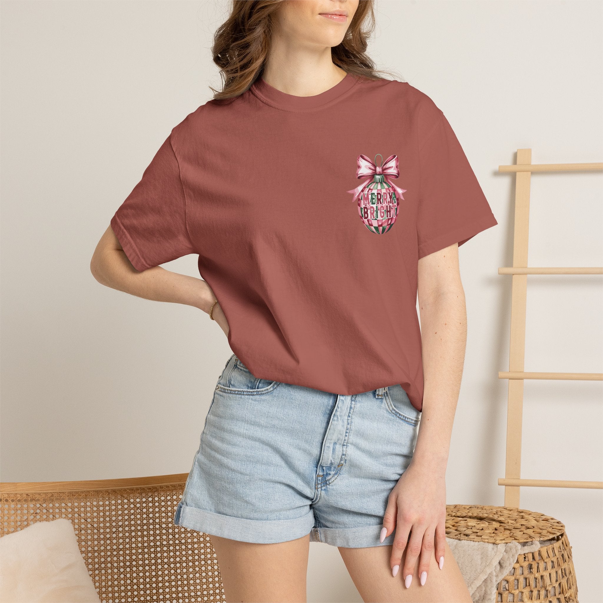 Holiday Patchwork Tee - "Merry & Bright" Graphic T-Shirt