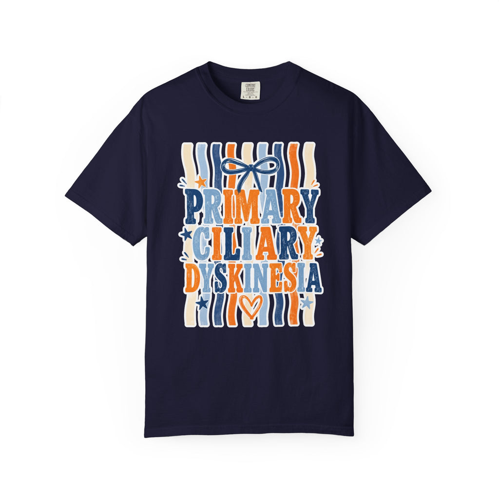 Primary Ciliary Dyskinesia Awareness T-Shirt — Orange & Blue Ribbon Design