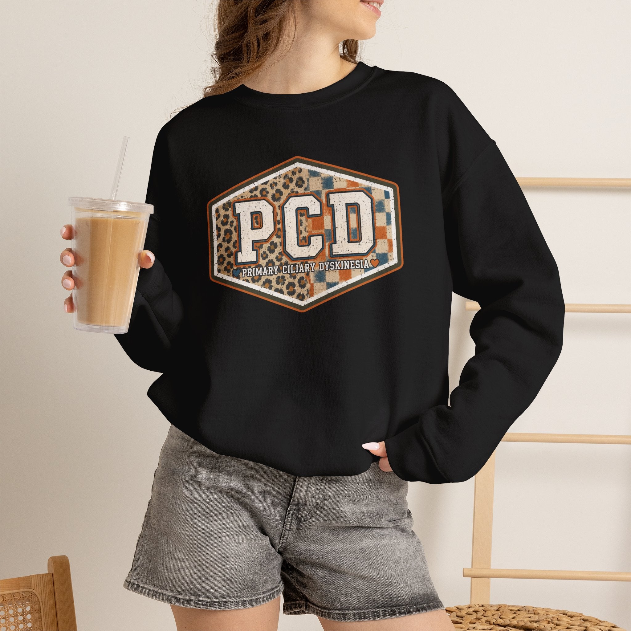 PCD Patch Crewneck Sweatshirt — Plaid & Leopard Logo Pullover