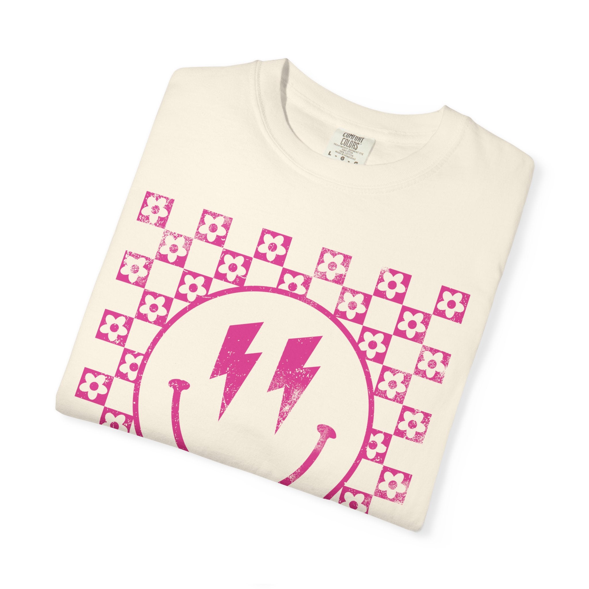 Pink Lightning Smile Tee - Retro Checkerboard Graphic T-Shirt