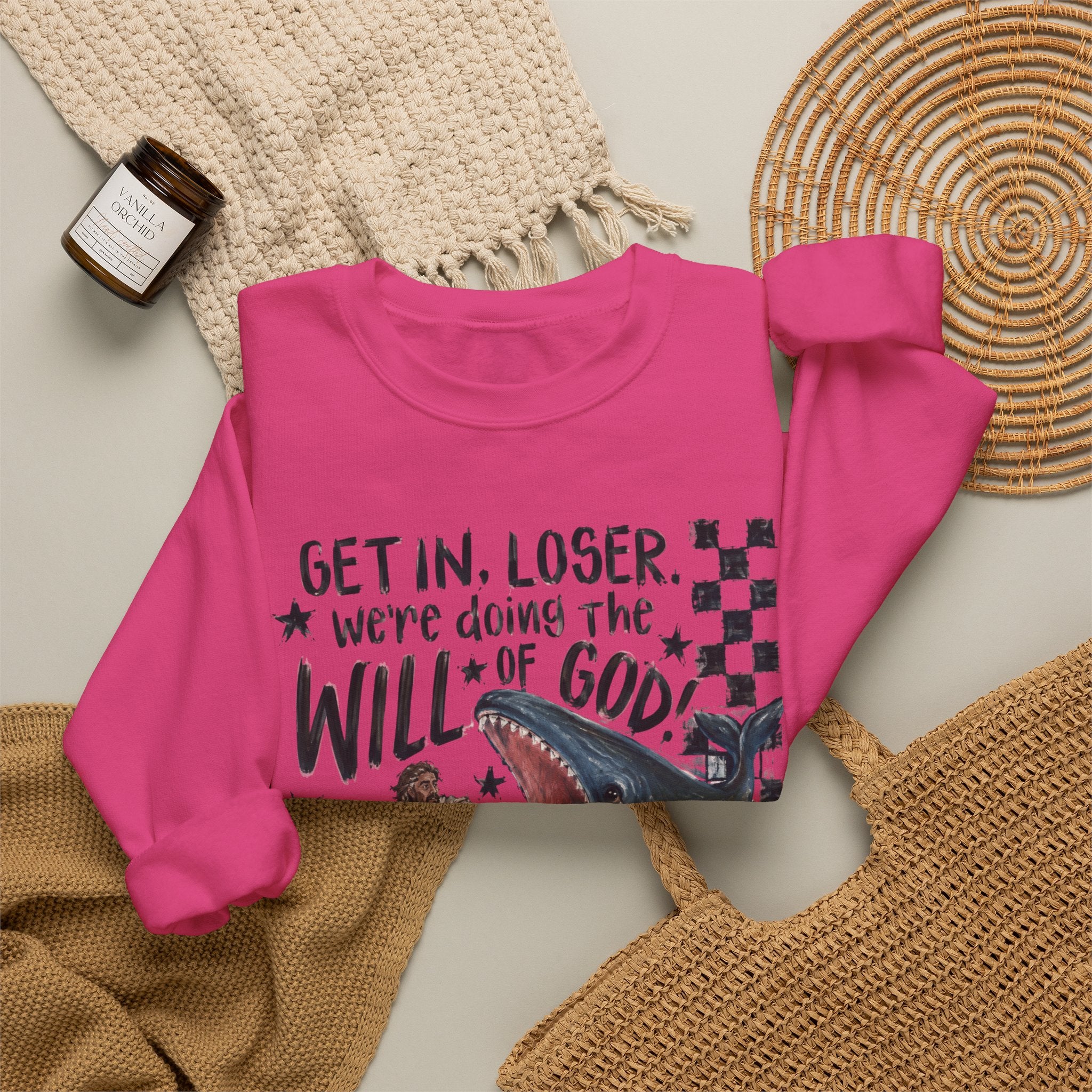 Christian Crewneck Sweatshirt — “Get in, Loser, We’re Doing the Will of God” Graphic