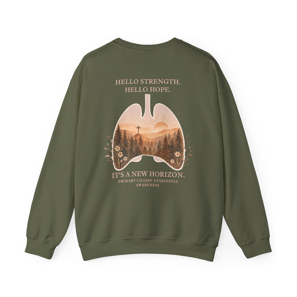 PCD Awareness Crewneck Sweatshirt — HELLO HOPE. NEW HORIZON.