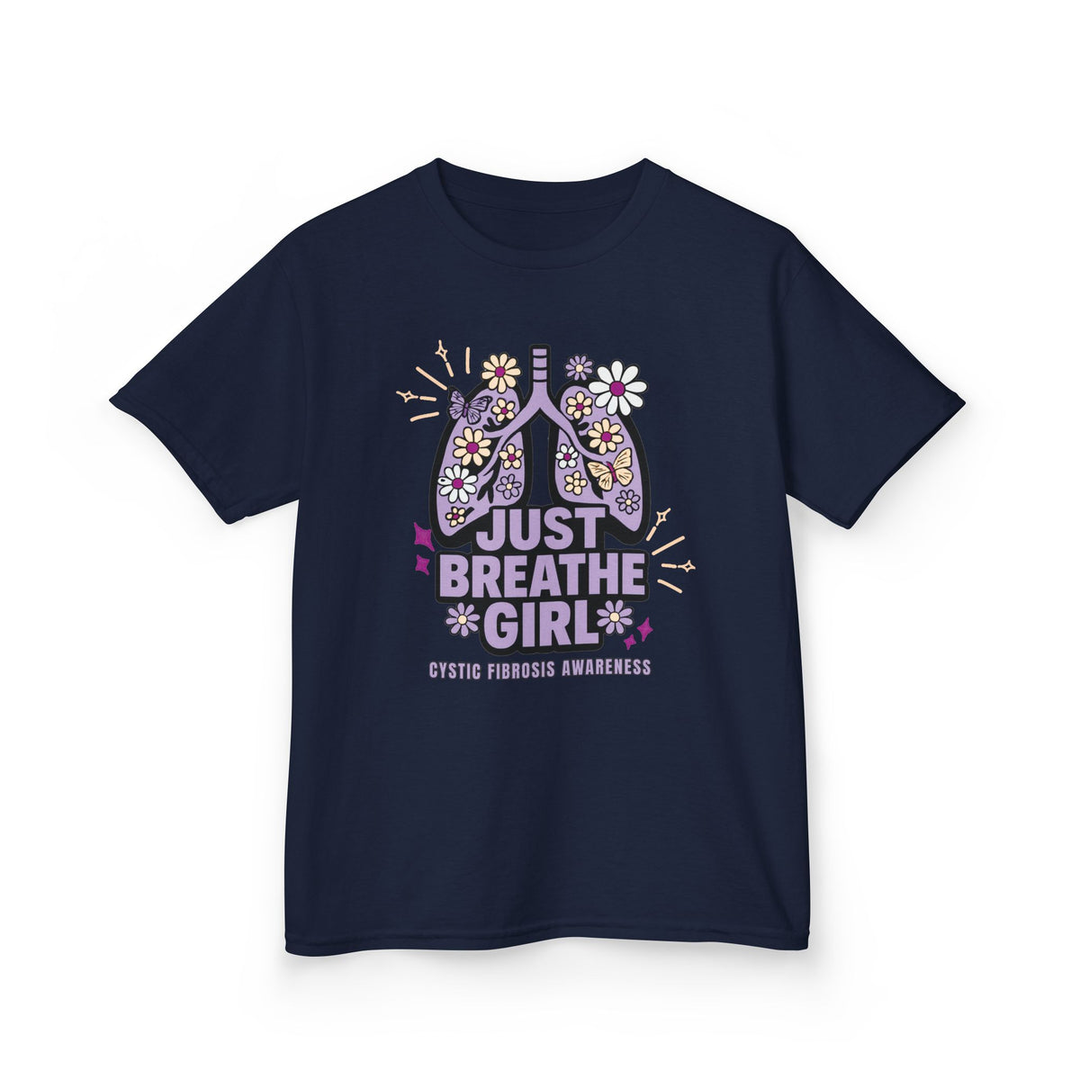 Kids Tee — "Just Breathe Girl" Floral Lungs CF Awareness Shirt