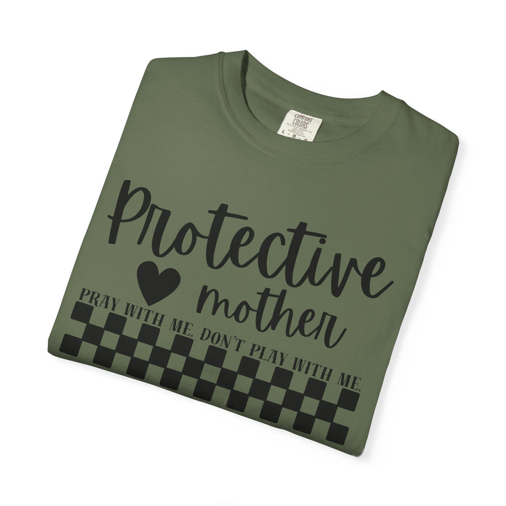 Protective Mother T-Shirt — “Protective Mother” Script Tee with Checkerboard Accent