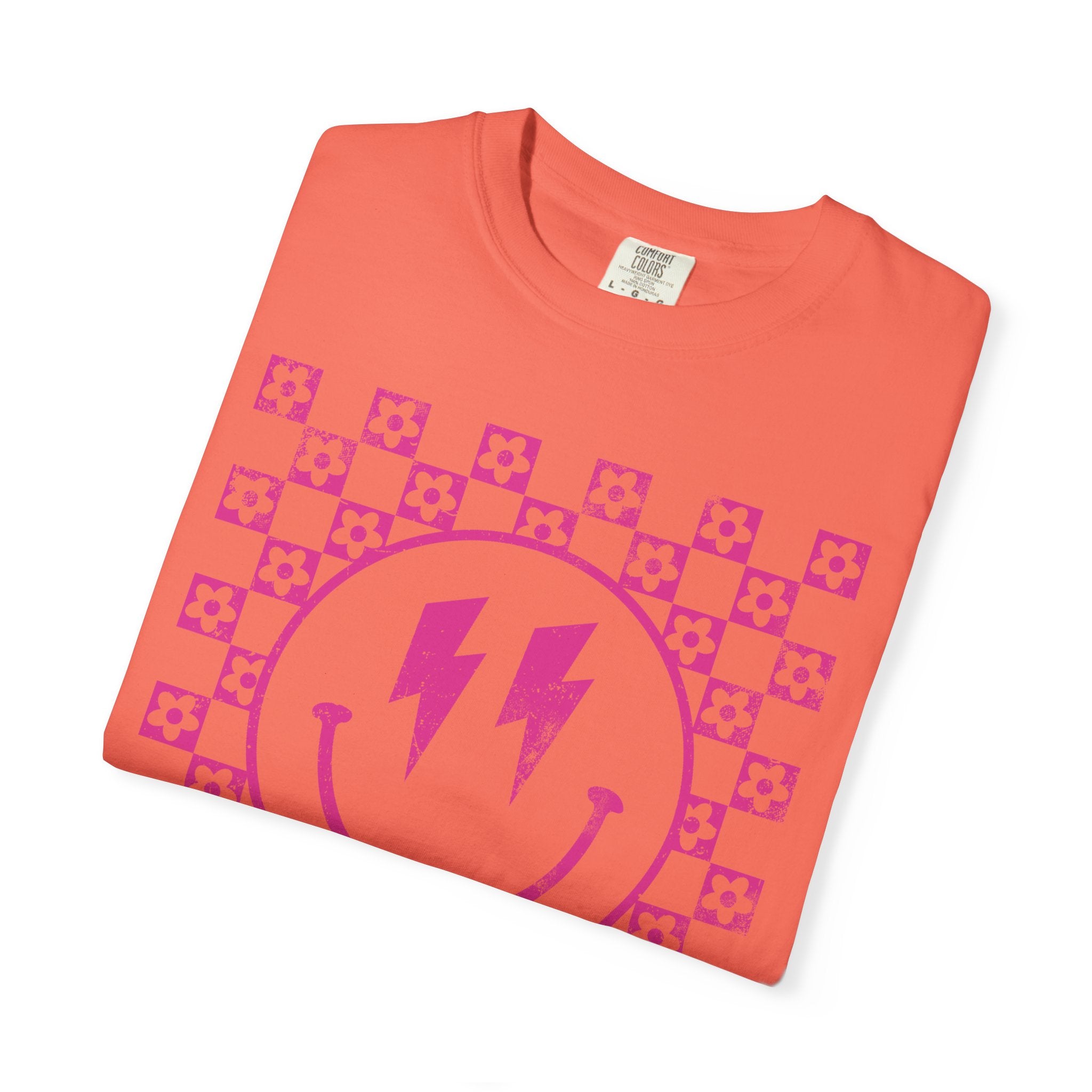 Pink Lightning Smile Tee - Retro Checkerboard Graphic T-Shirt